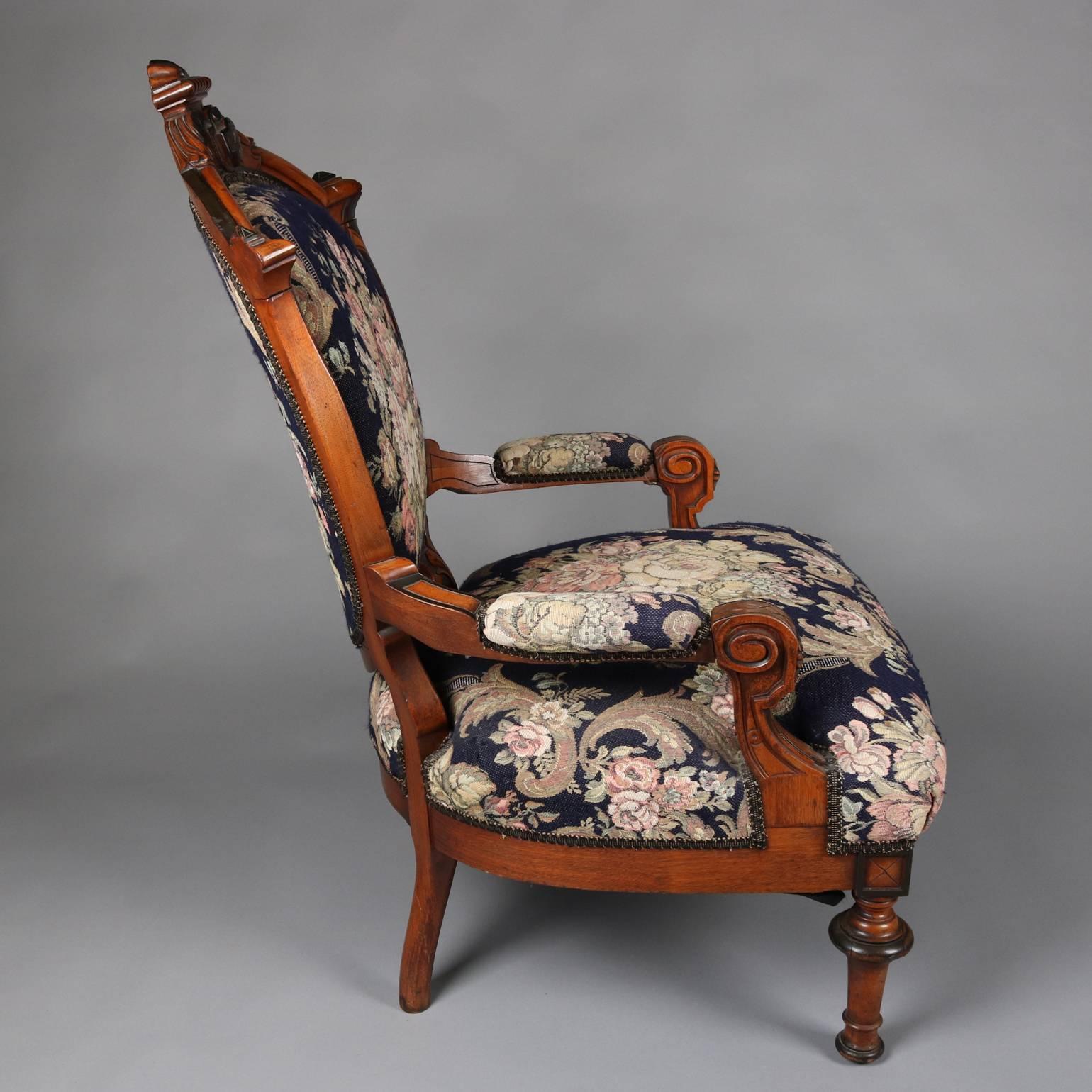 Renaissance Revival Carved Ebonized Mahogany Parlor Settee & Chair, circa 1860 In Good Condition In Big Flats, NY