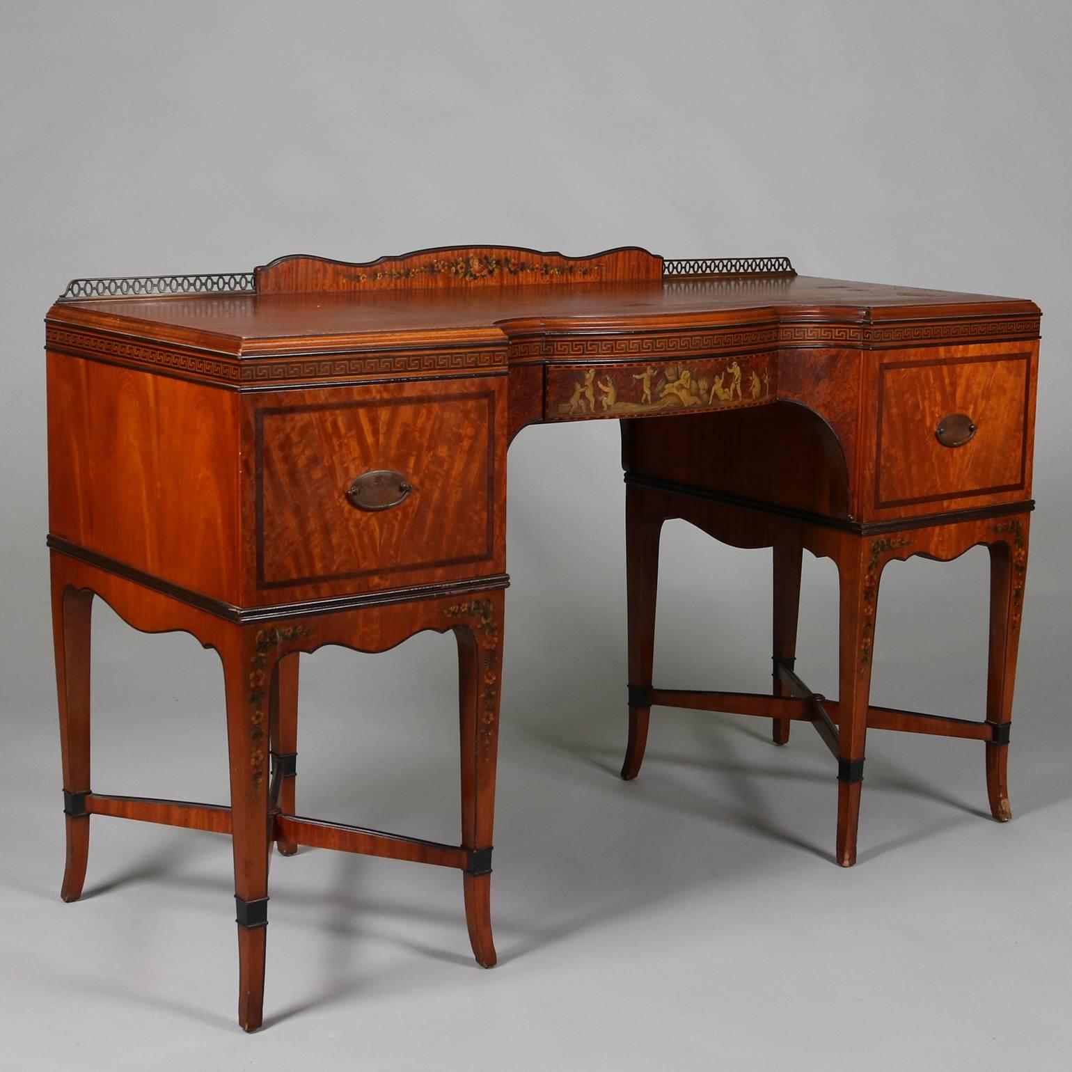 Antique fine Adam style satinwood mirrored dressing table features deep striations throughout with ebonized and inlaid Greek Key banding, accenting hand-painted floral sprays and central Classical cherubi scenes, bronze hardware, circa