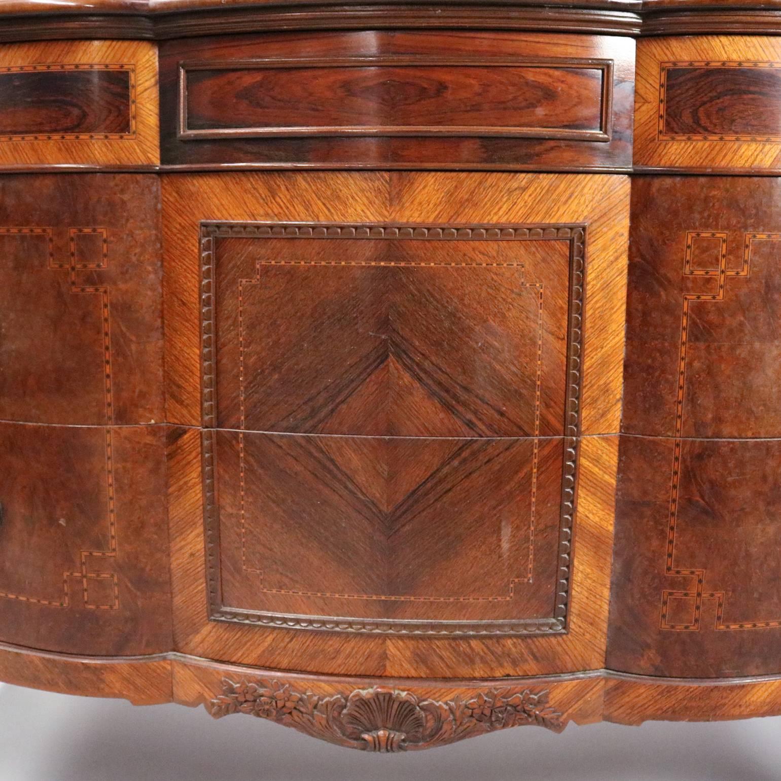Antique Carved Flame Mahogany and Burl Parquetry Inlay Mirrored Low Chest 3