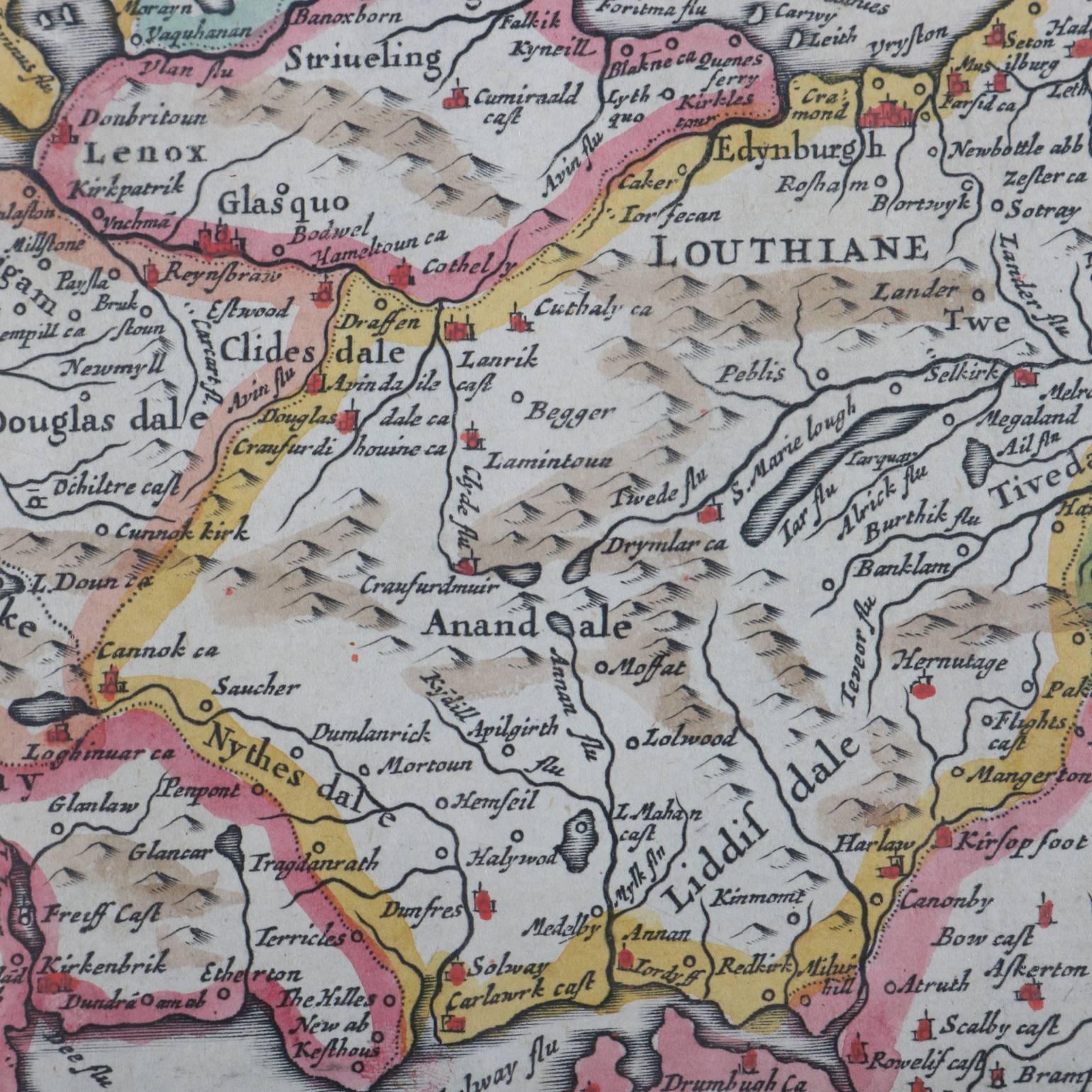 Vintage hand tinted antique map of "The Kingdom of Scotland", lower right corner reads "Printed Colored and Sold by John Garrett at the south entrance of the Royall Exchange of Cornhill where you may have choyce of all sorts of