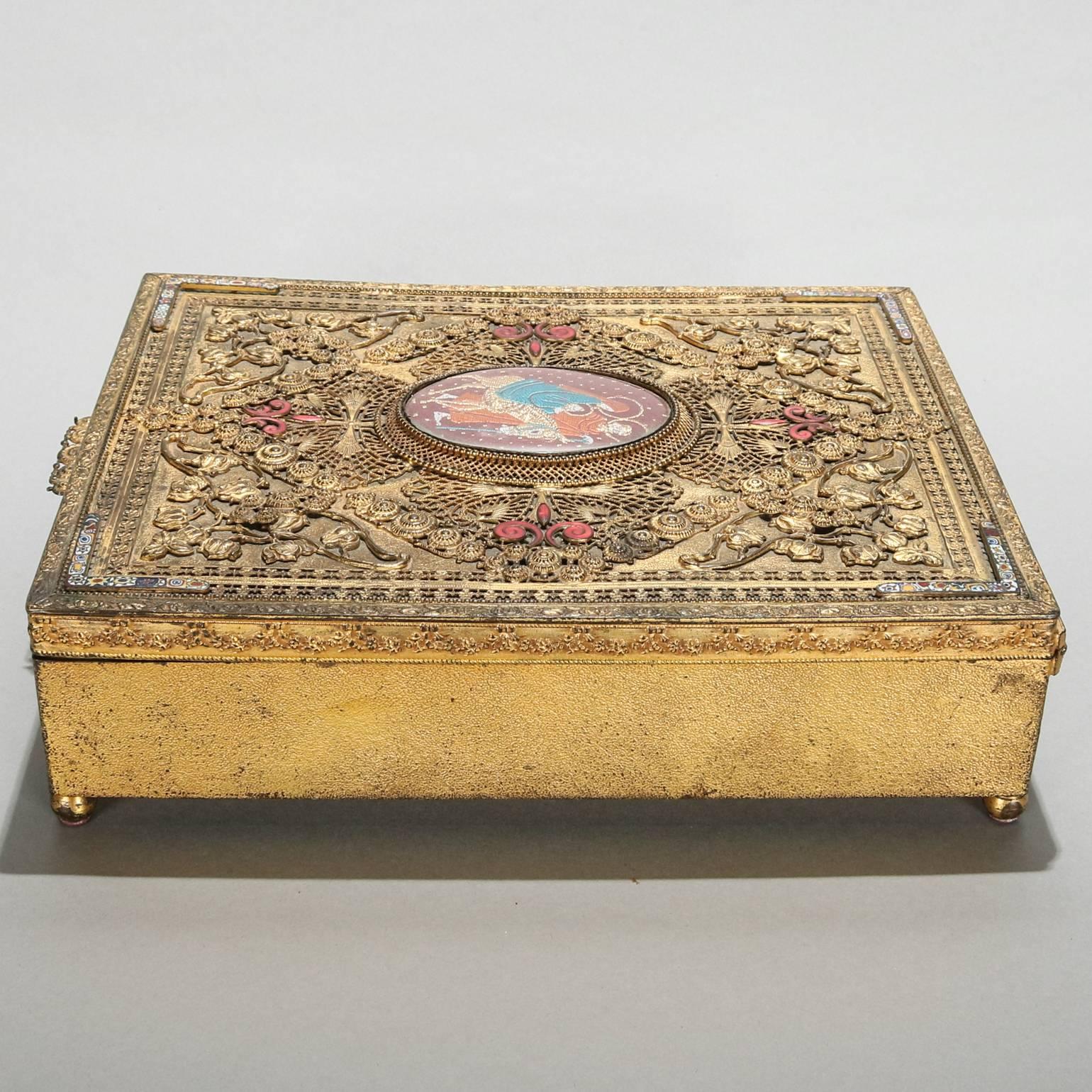 American Antique Gilt Metal Jeweled Bible Box with the Holy Family by E. & J.B. Empire