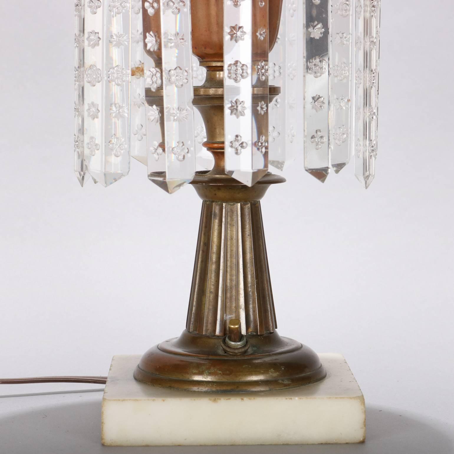Antique Brass, Crystal & Marble Electrified Solar Table Lamp, The Arctic MB Co. In Good Condition In Big Flats, NY
