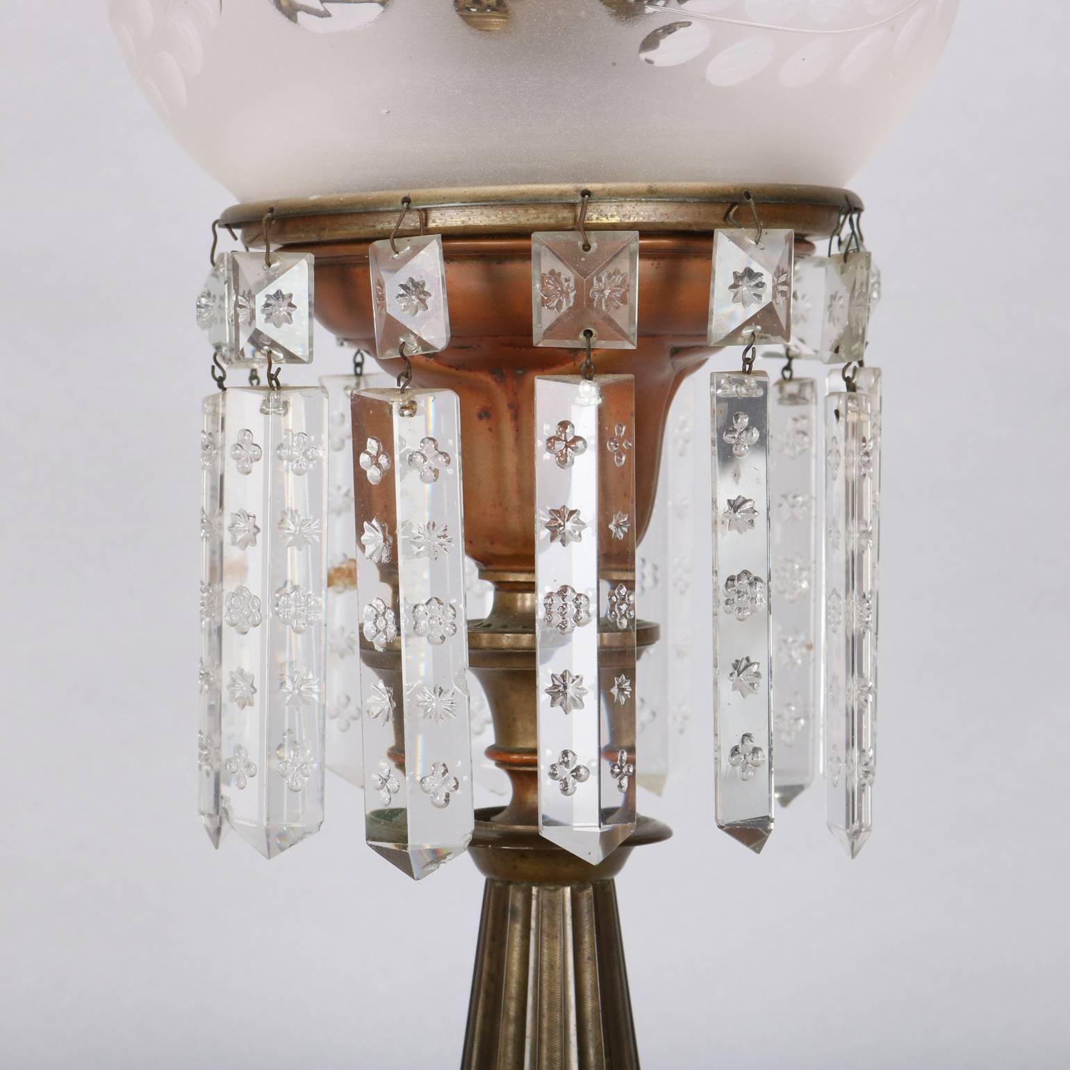 19th Century Antique Brass, Crystal & Marble Electrified Solar Table Lamp, The Arctic MB Co.
