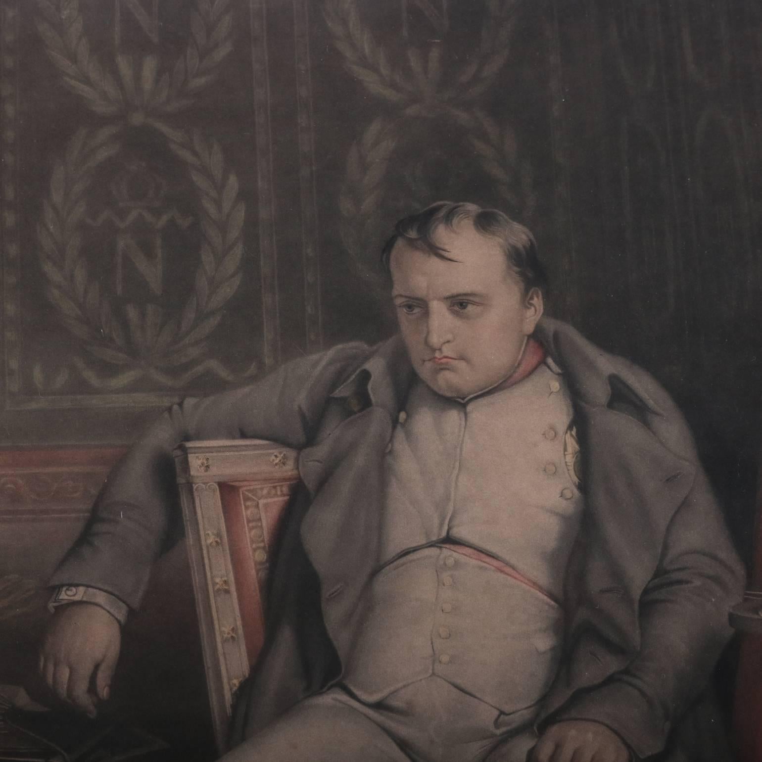 Antique lithograph of a defeated Napoleon Bonaparte at his desk in the Palace of Fontainebleau after signing the article of abdication; lower left re-mark; after the 1846 painting by Paul DeLaroche (French, 1797 -1856), 19th century.

Measures:
