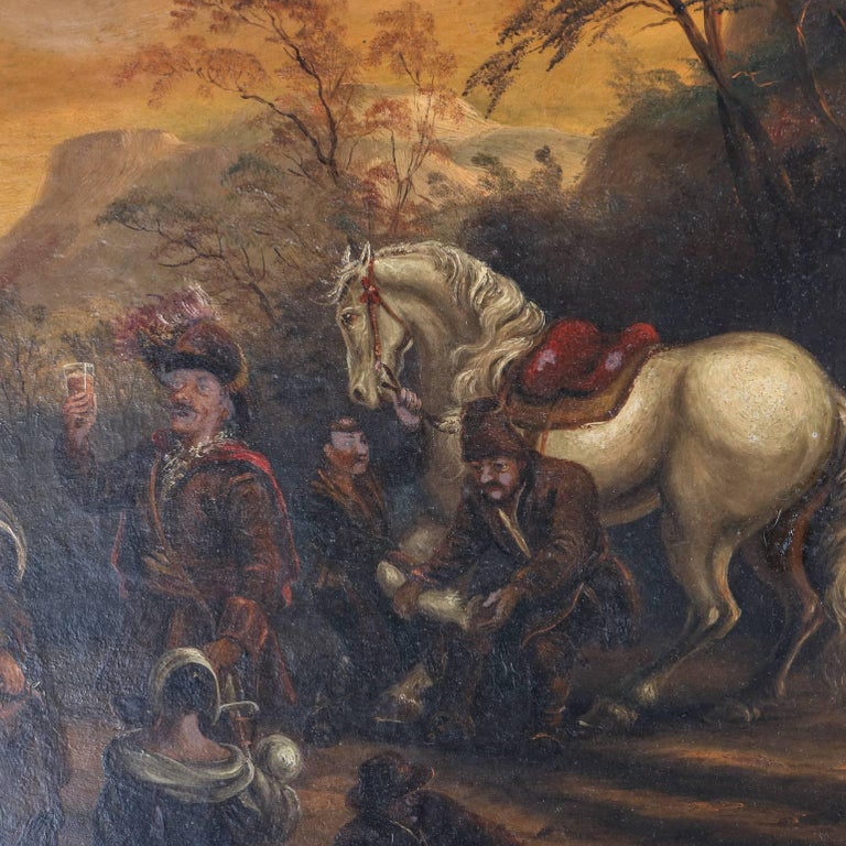 Antique Oil on Tin Painting Depicting European Conquest Celebration