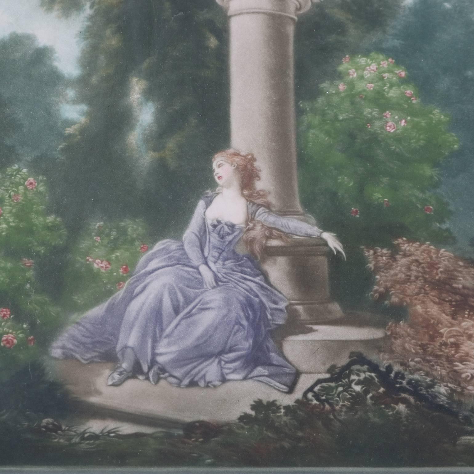 Antique print "L'Abandon" by Herbert Sedcole (British 1864-1920) depicts Victorian scene with lovers in the garden; housed in finely detailed gold gilt frame featuring bow tied ribbon crest and egg and dart surround; en verso original