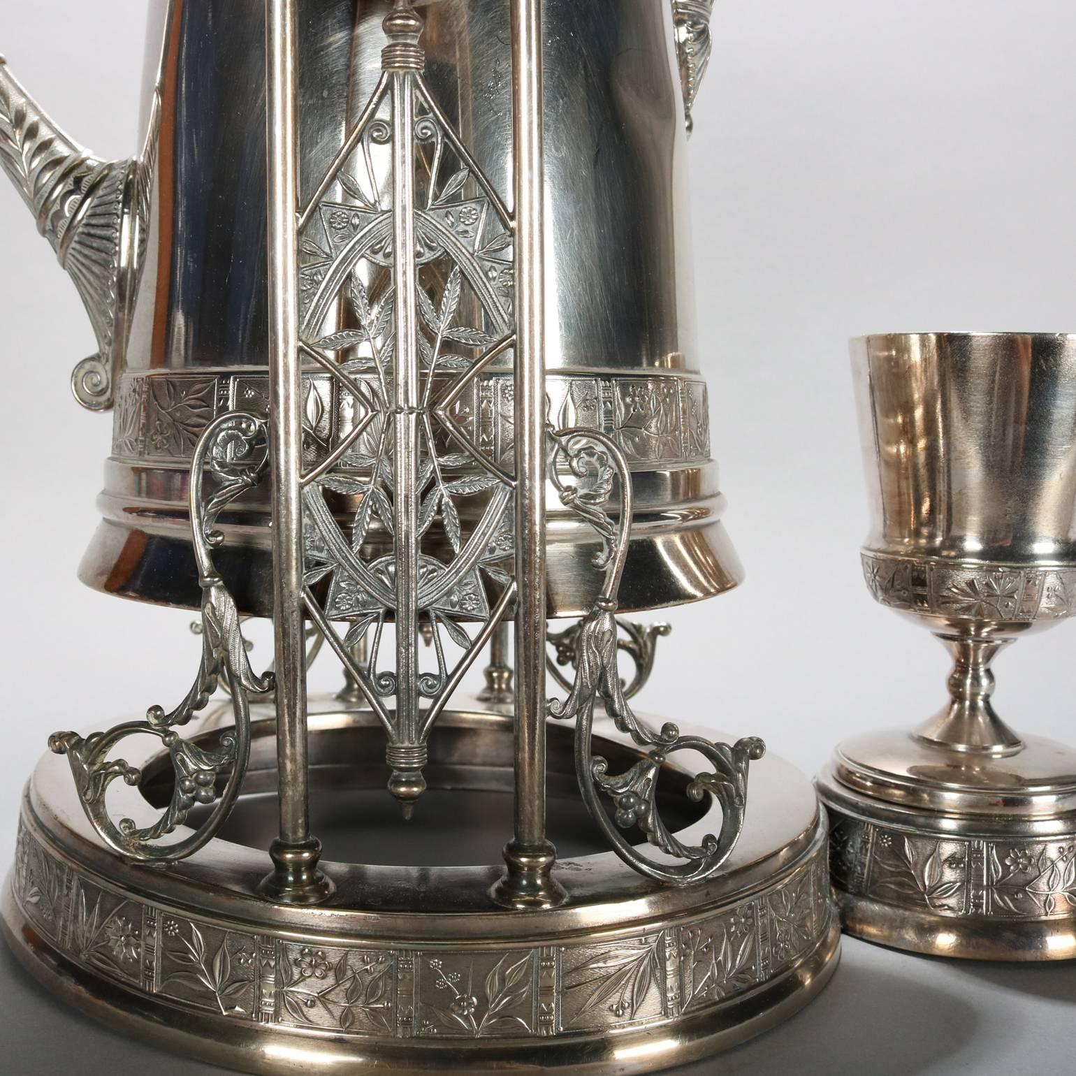 High Victorian Antique Pairpoint Embossed Silver Plate Tilting Beverage Pitcher with Goblet