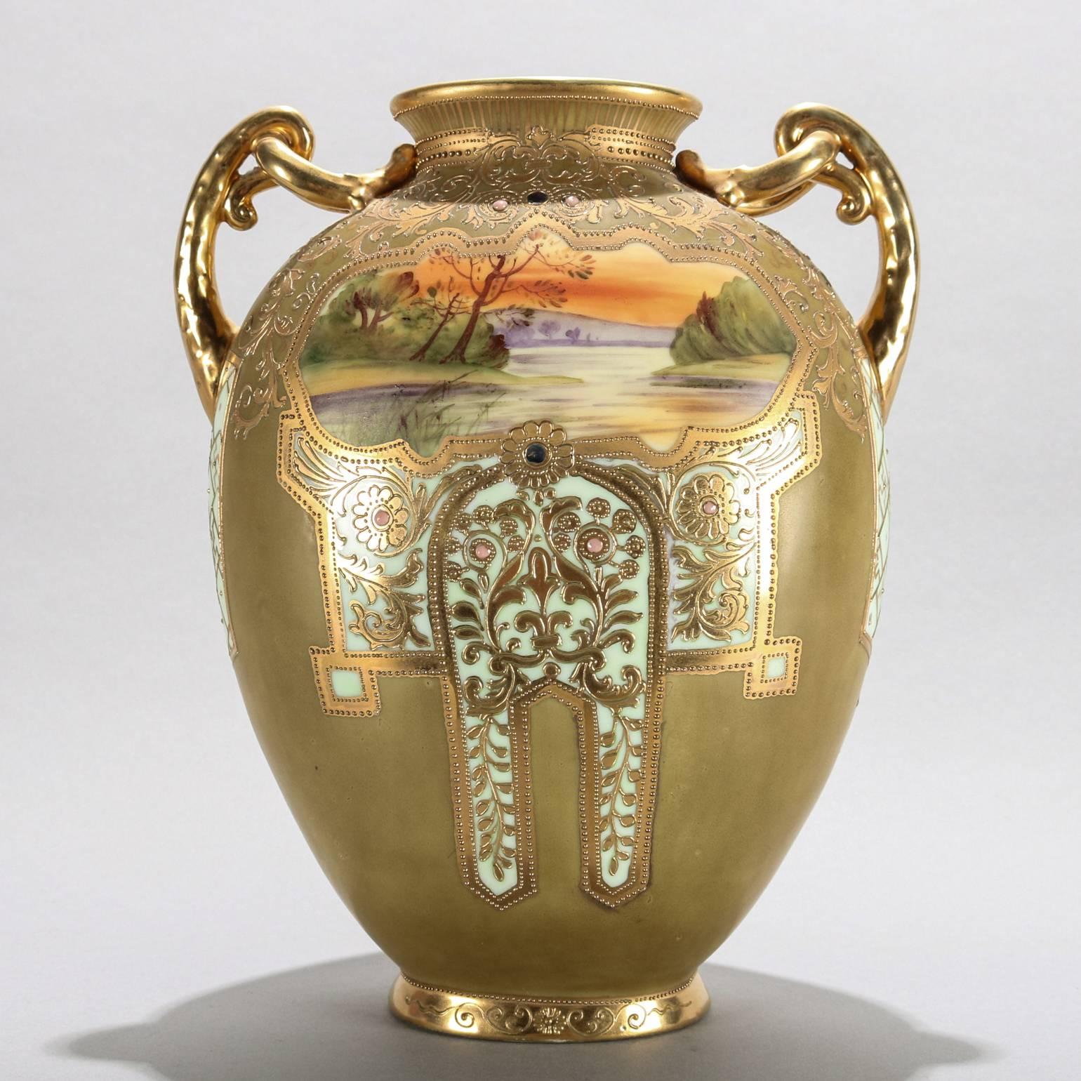 Asian Large Antique Hand-Painted & Gilt Porcelain with Moriage Nippon School Open Urn