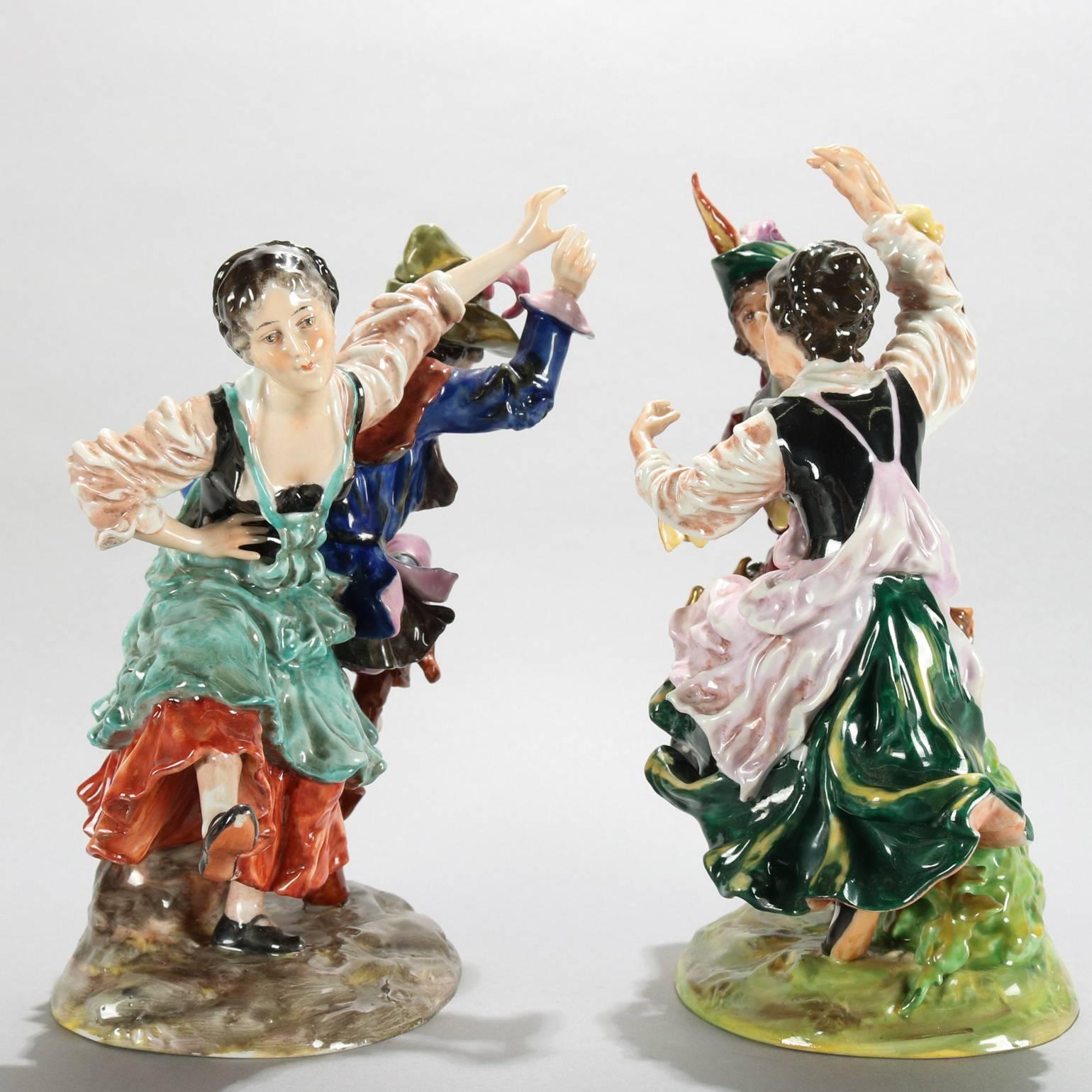 Set of Two Antique Hand-Painted Dresden Porcelain Old World Dancing Couples In Good Condition In Big Flats, NY