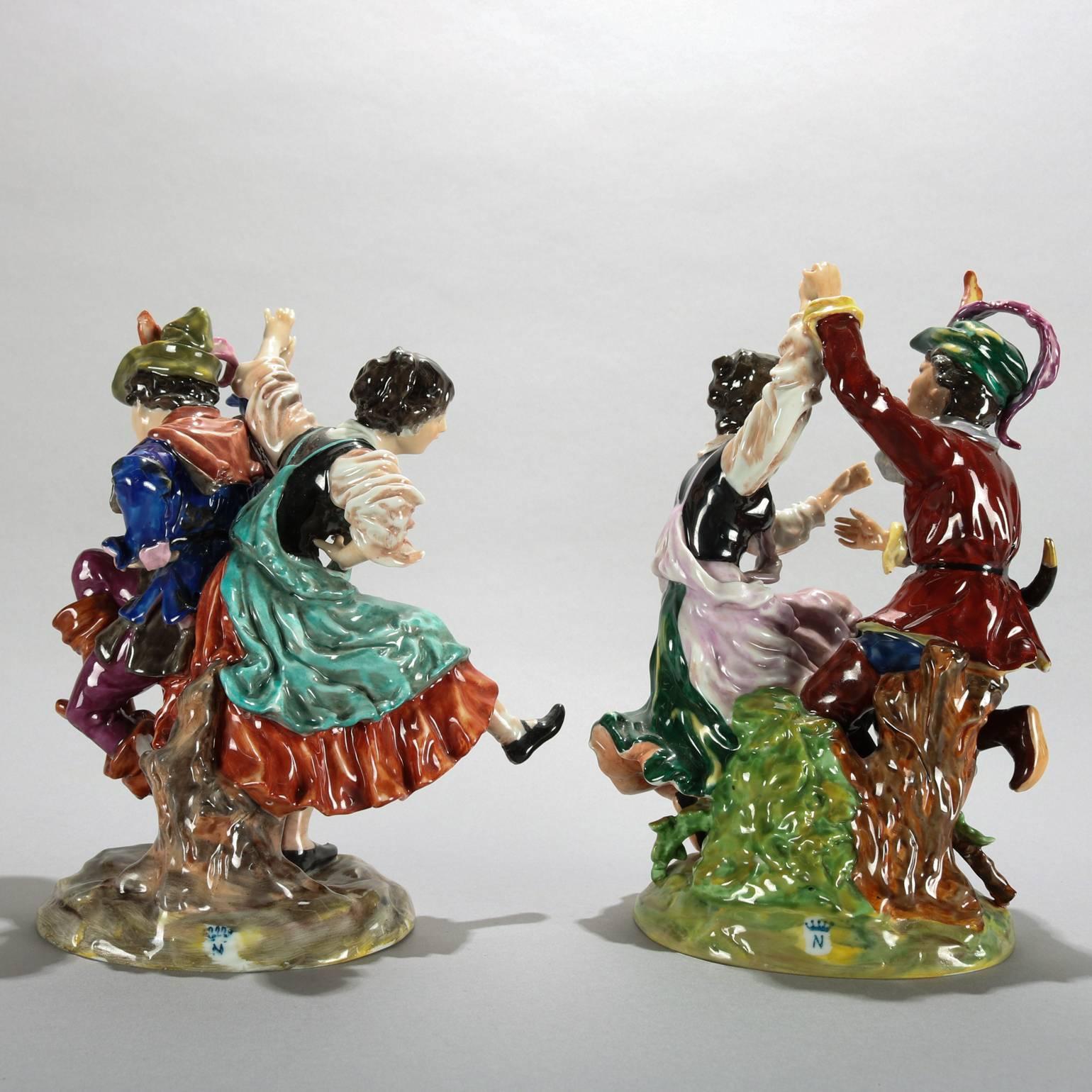 German Set of Two Antique Hand-Painted Dresden Porcelain Old World Dancing Couples