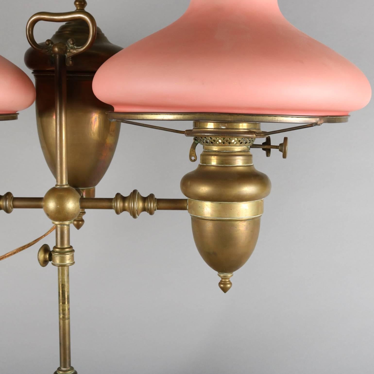 Antique Brass Adjustable Duplex Double Student Lamp with Satin Glass Shades In Good Condition In Big Flats, NY