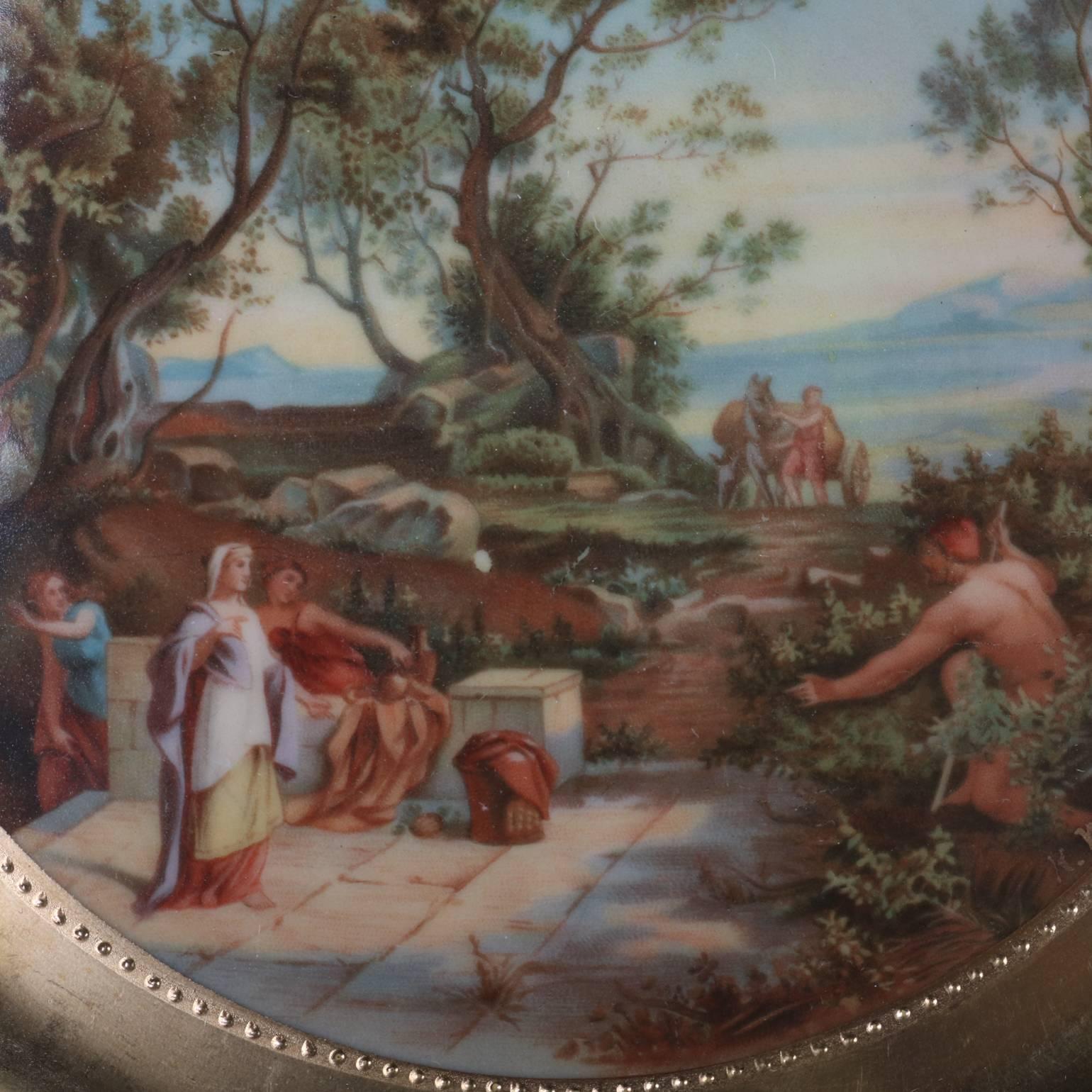 Set of four antique Royal Vienna Porcelain plates feature gilt and hand-painted Greek mythology scenes of Odysseus (Ulysses); en verso beehive mark and titles include "ODYSSEUS AND NAUSIKAO", "ODYSSEUS AND KYKLOPE",