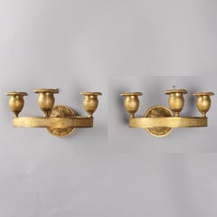Pair of Antique Gilt Bronze English Regency Three-Candle Ring Wall Sconces