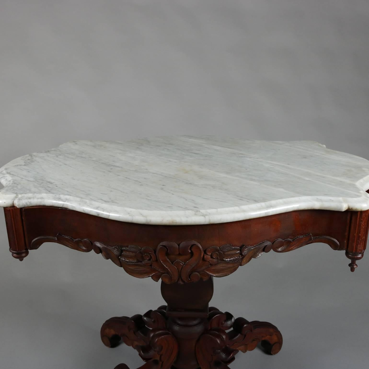 European Antique Carved Mahogany & Marble Turtle Top Table with Acanthus & Dolphin