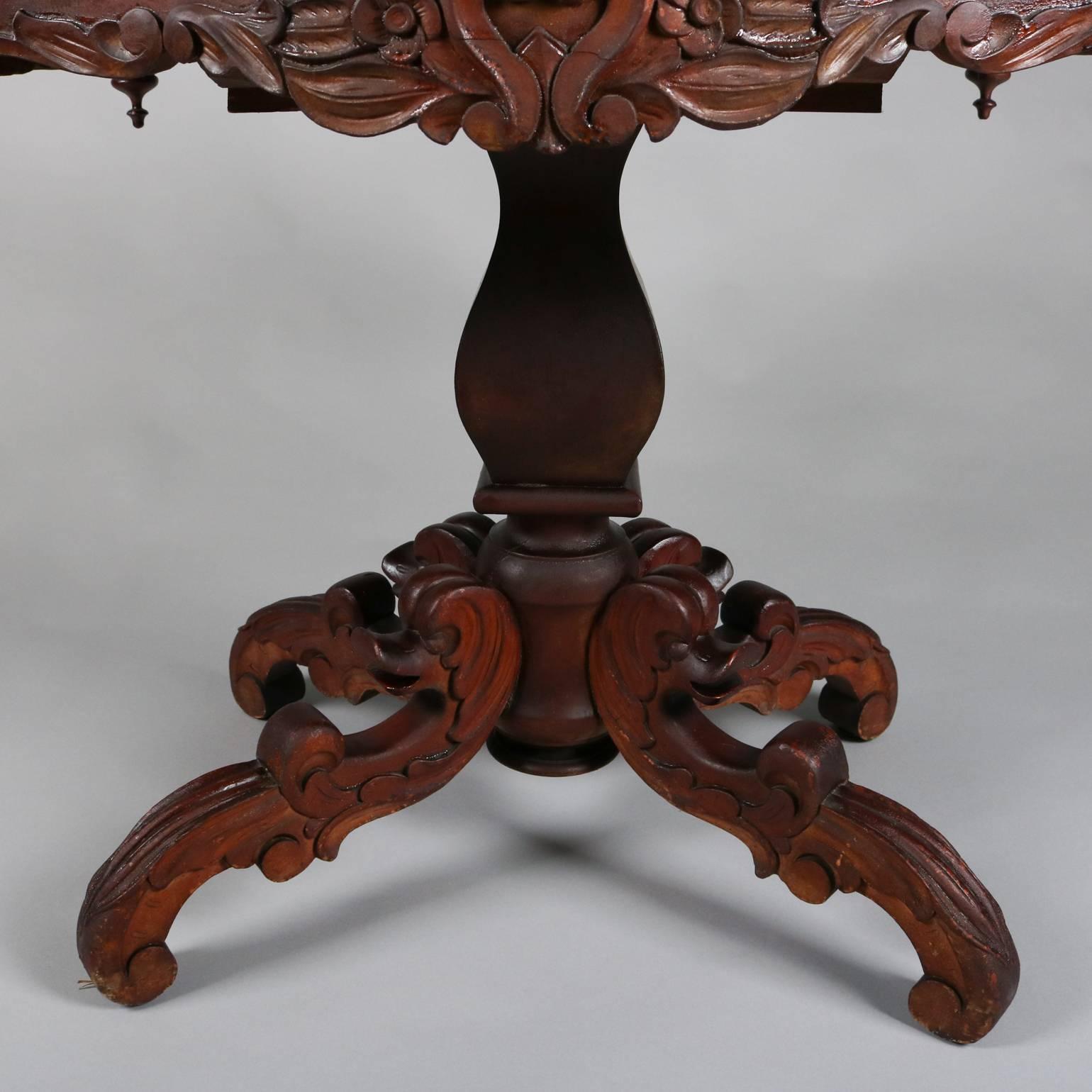 Antique Carved Mahogany & Marble Turtle Top Table with Acanthus & Dolphin In Good Condition In Big Flats, NY