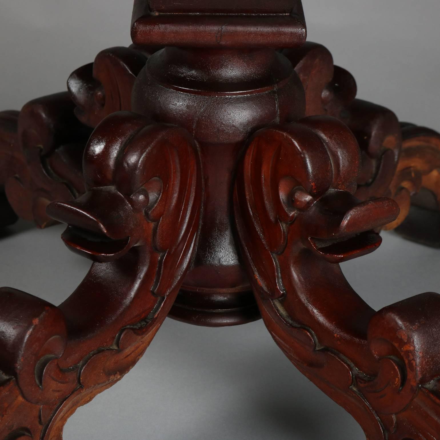 Antique Carved Mahogany & Marble Turtle Top Table with Acanthus & Dolphin 1