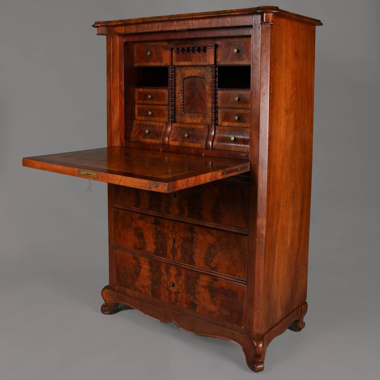 European Antique Burled Walnut Locking Biedermeier Secretaire, Three-Drawer, 19th Century