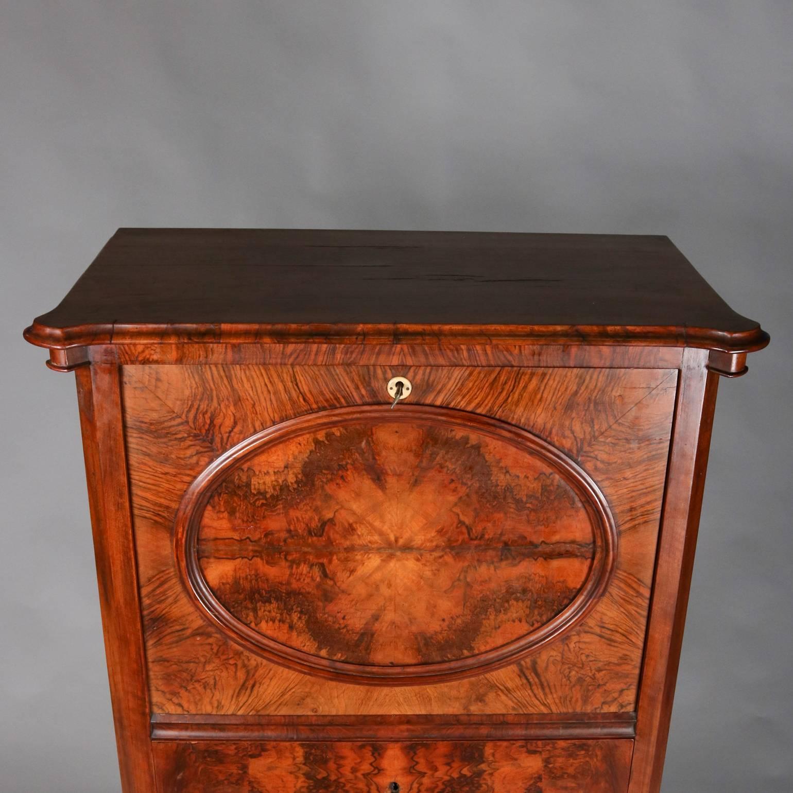 Antique Burled Walnut Locking Biedermeier Secretaire, Three-Drawer, 19th Century 3