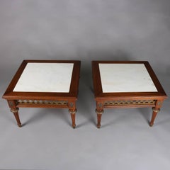Pair of Antique French Louis XVI Style Marble, Mahogany & Bronze Low Tables