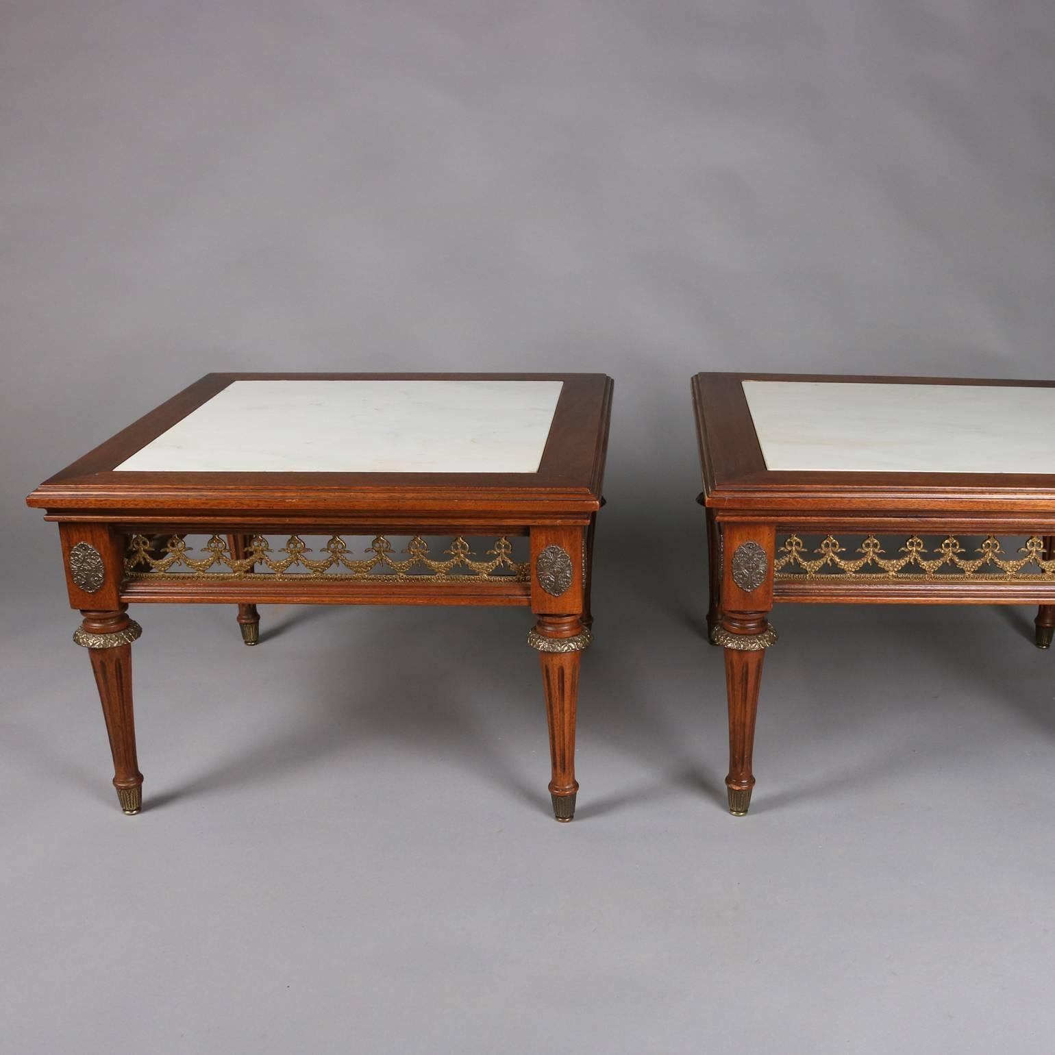Cast Pair of Antique French Louis XVI Style Marble, Mahogany & Bronze Low Tables