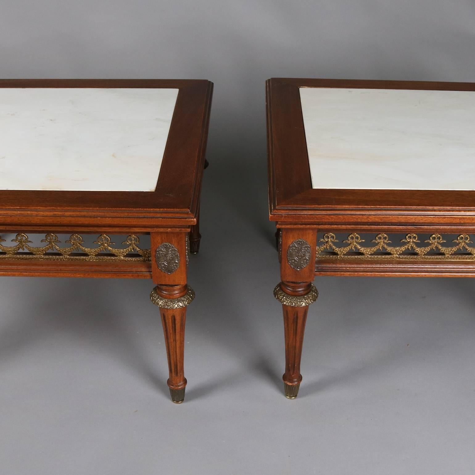 Pair of Antique French Louis XVI Style Marble, Mahogany & Bronze Low Tables In Good Condition In Big Flats, NY