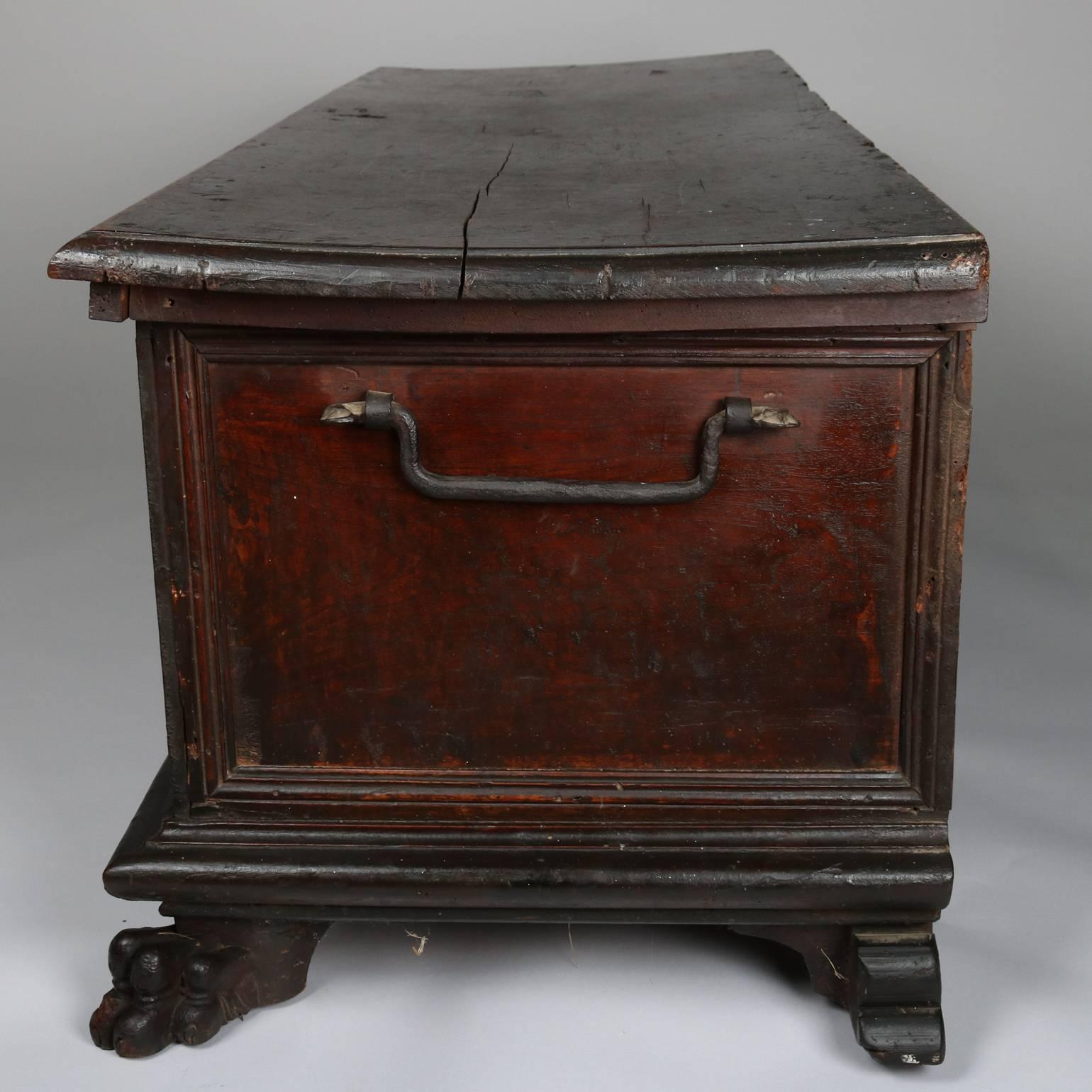 Iron 18th Century Italian Baroque Carved Walnut with Cassone Marriage Chest, Paw Feet