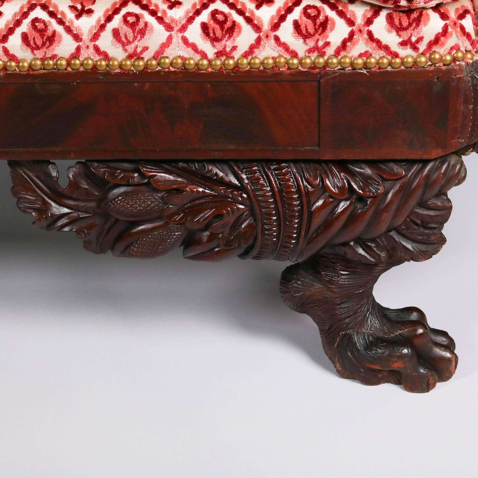 19th Century Antique American Empire Classical Carved Flame Mahogany Scroll Arm Sofa