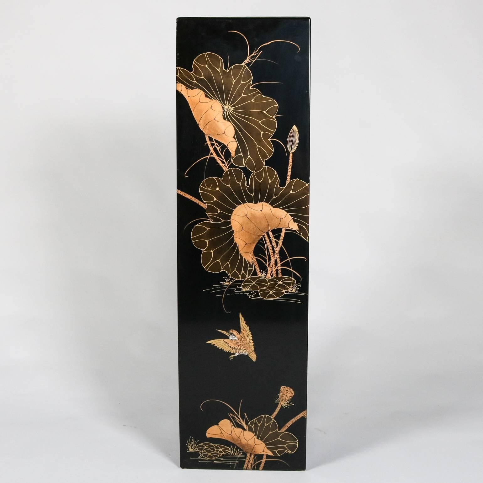 Antique Japanese black lacquer sculpture stand features hand-painted foliate and aviary scenes including lilies and birds in flight, 19th century

Measures: 42" H x 12" x 12".