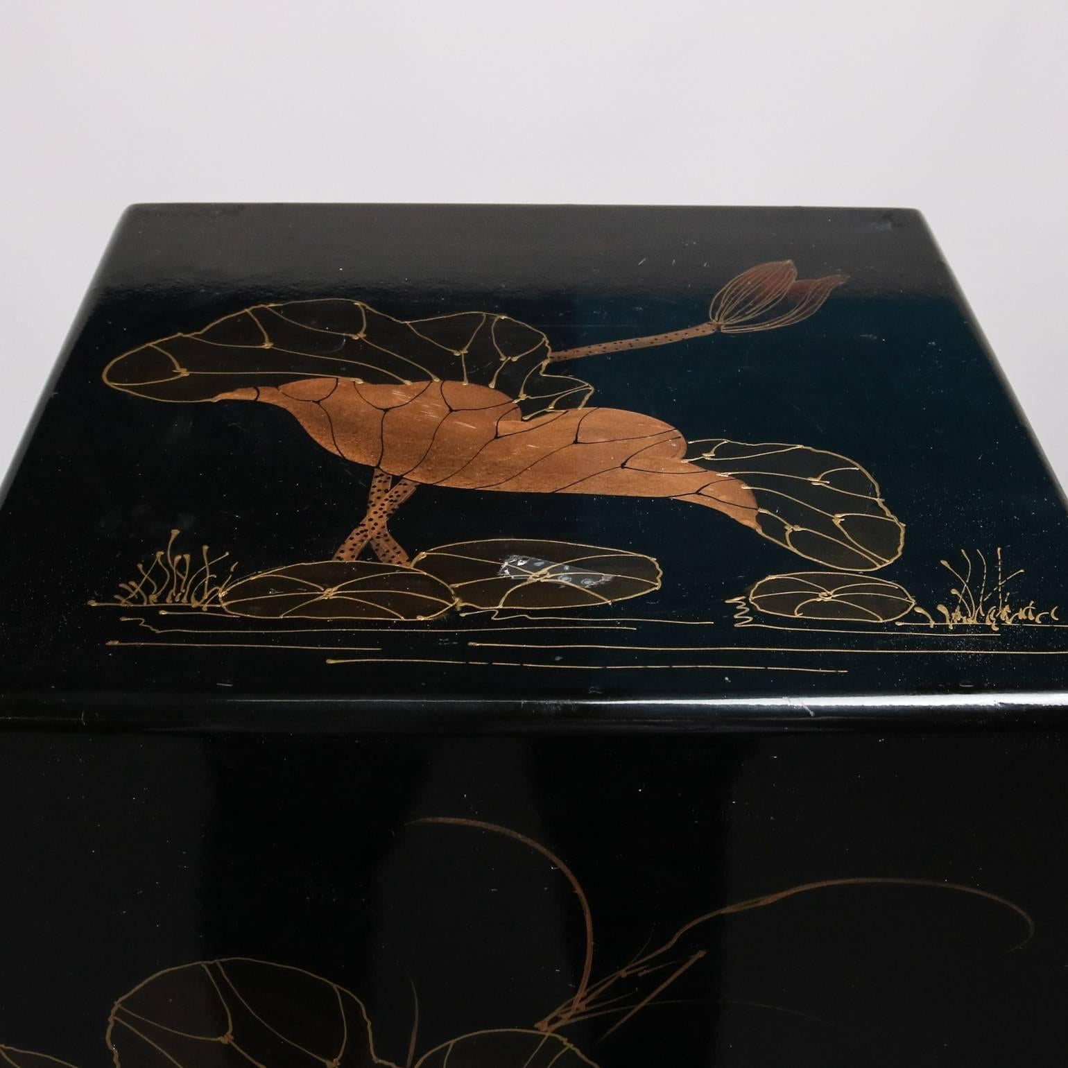 Lacquered Antique Japanese Paint Decorated Black Lacquer Sculpture Stand, 19th Century