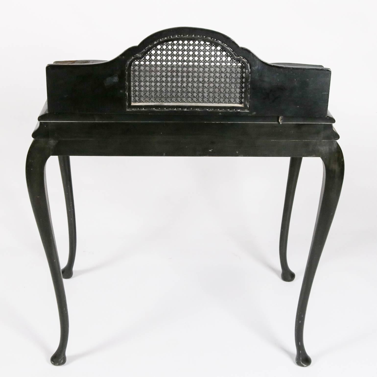 English Antique Japanned Caned Black Lacquer Paint Decorated Desk & Stool, 19th Century