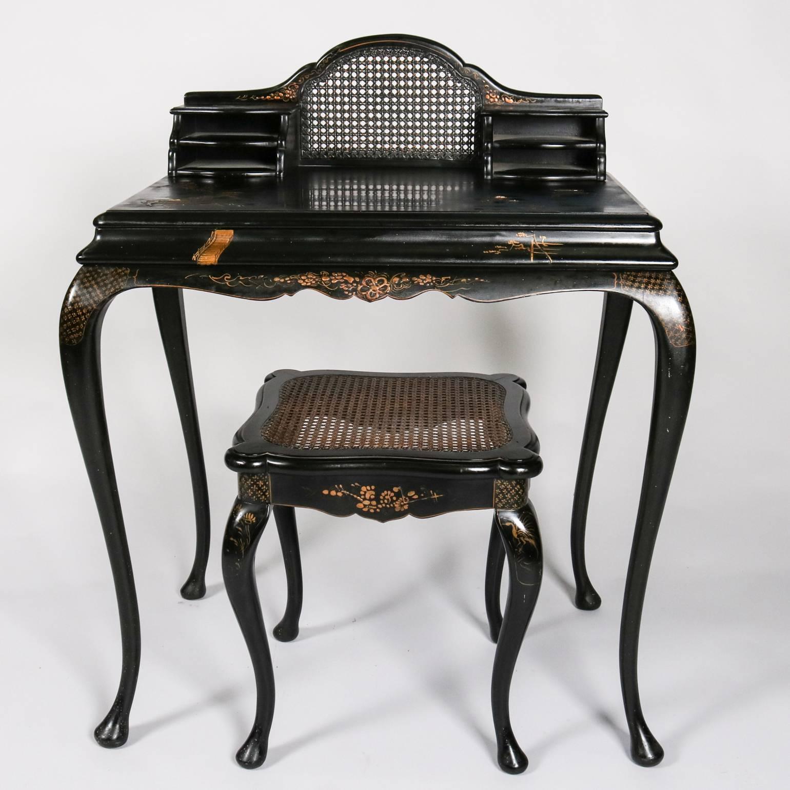 Lacquered Antique Japanned Caned Black Lacquer Paint Decorated Desk & Stool, 19th Century