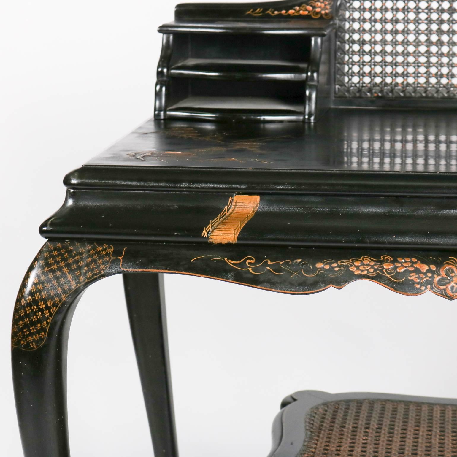 Antique Japanned Caned Black Lacquer Paint Decorated Desk & Stool, 19th Century 3