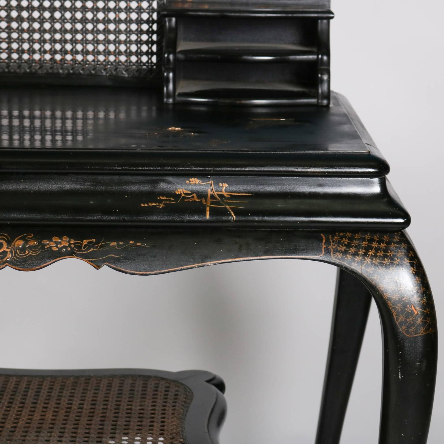 Antique Japanned Caned Black Lacquer Paint Decorated Desk & Stool, 19th Century 4