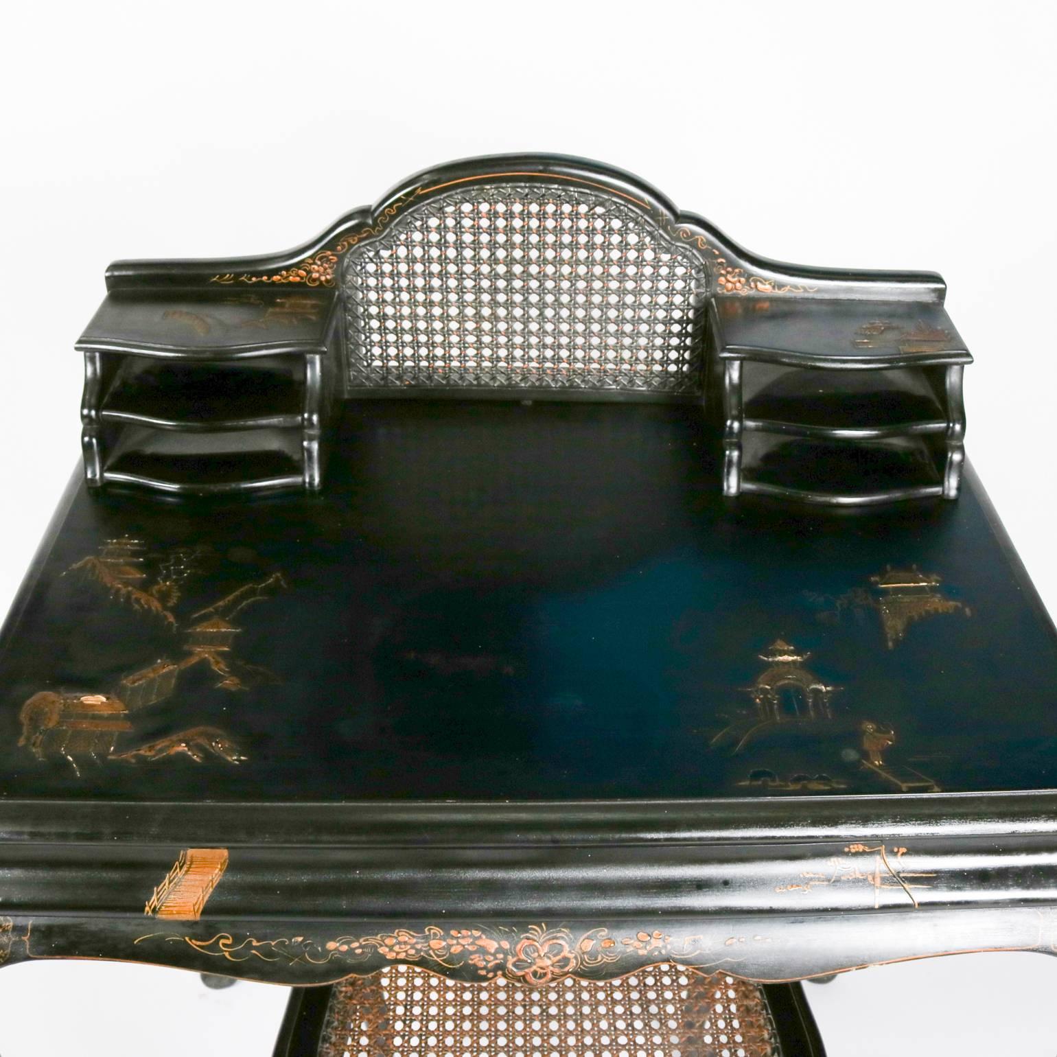 Antique Japanned Caned Black Lacquer Paint Decorated Desk & Stool, 19th Century In Good Condition In Big Flats, NY