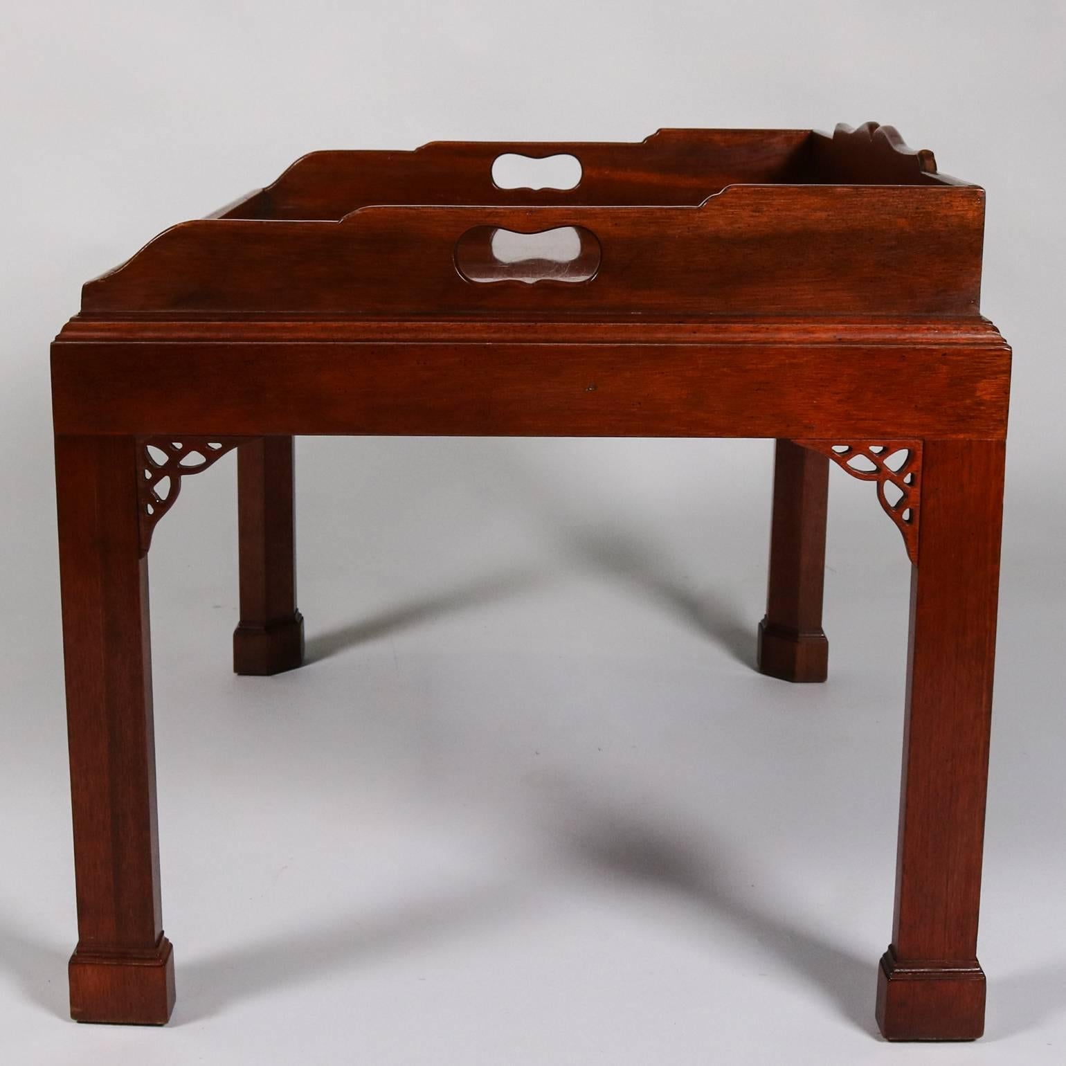 Asian Antique Carved Mahogany Baker Chinese Chippendale Tray Top Table, 20th Century