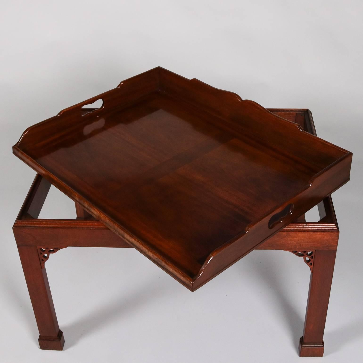 Antique Carved Mahogany Baker Chinese Chippendale Tray Top Table, 20th Century 3