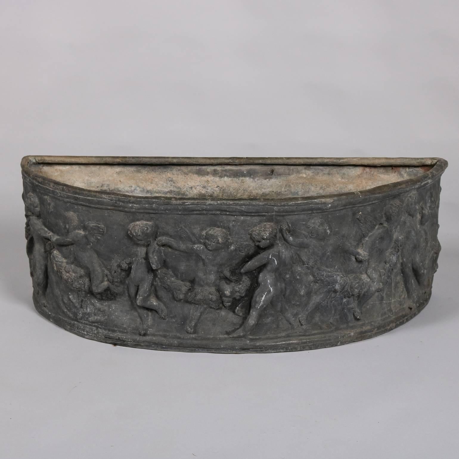 Classical Greek Large Antique Classical Zinc Demilune Planter with High Relief Cherub