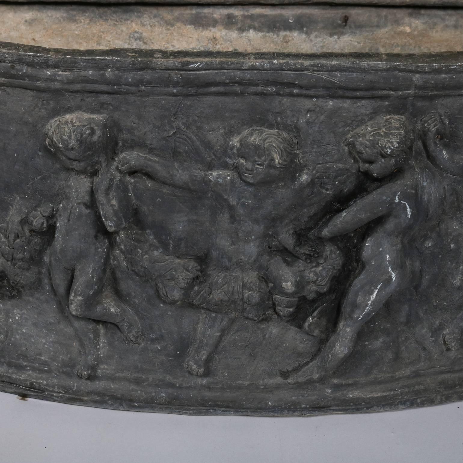 Large Antique Classical Zinc Demilune Planter with High Relief Cherub In Good Condition In Big Flats, NY