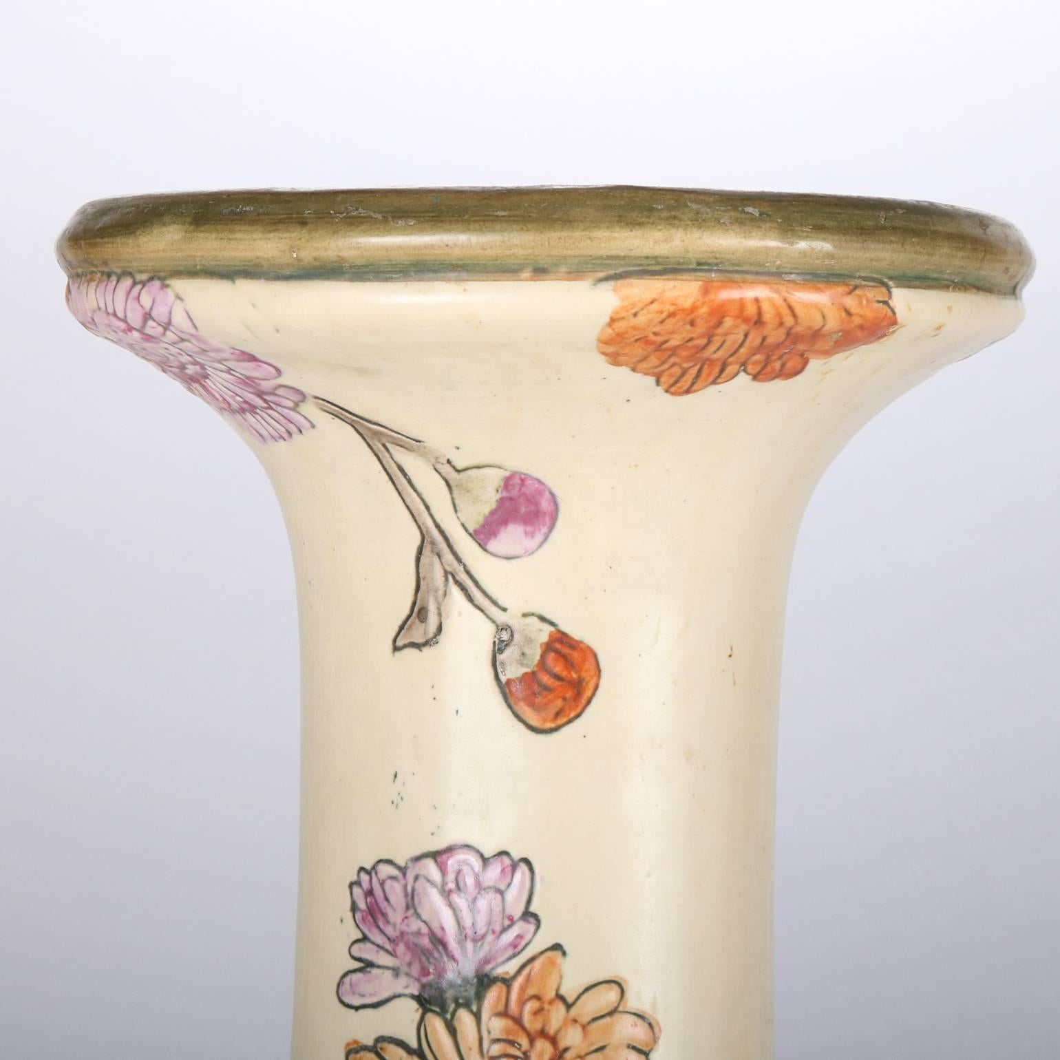 Antique Gilt & Painted Weller Pottery Pedestal Bird & Floral Motif, 19th Century In Good Condition In Big Flats, NY