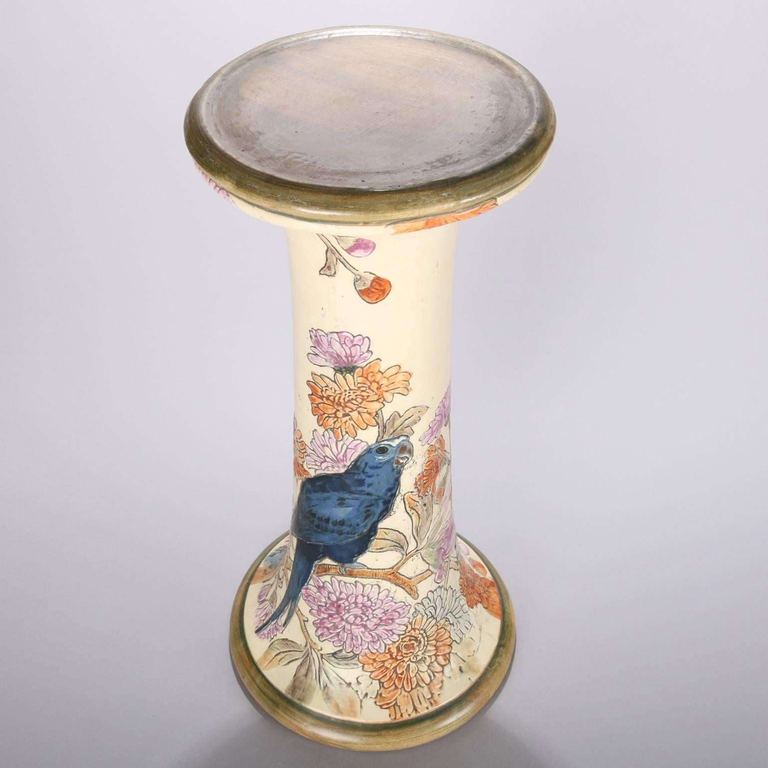 Hand-Painted Antique Gilt & Painted Weller Pottery Pedestal Bird & Floral Motif, 19th Century