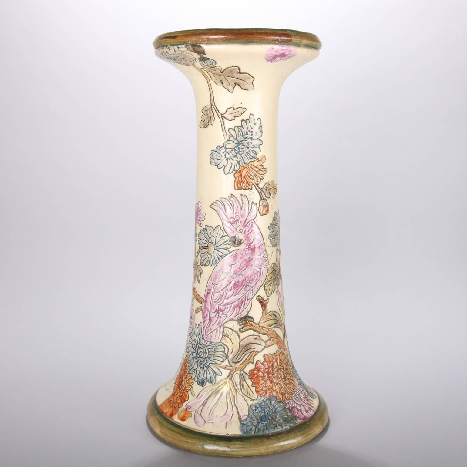 Art Nouveau Antique Gilt & Painted Weller Pottery Pedestal Bird & Floral Motif, 19th Century