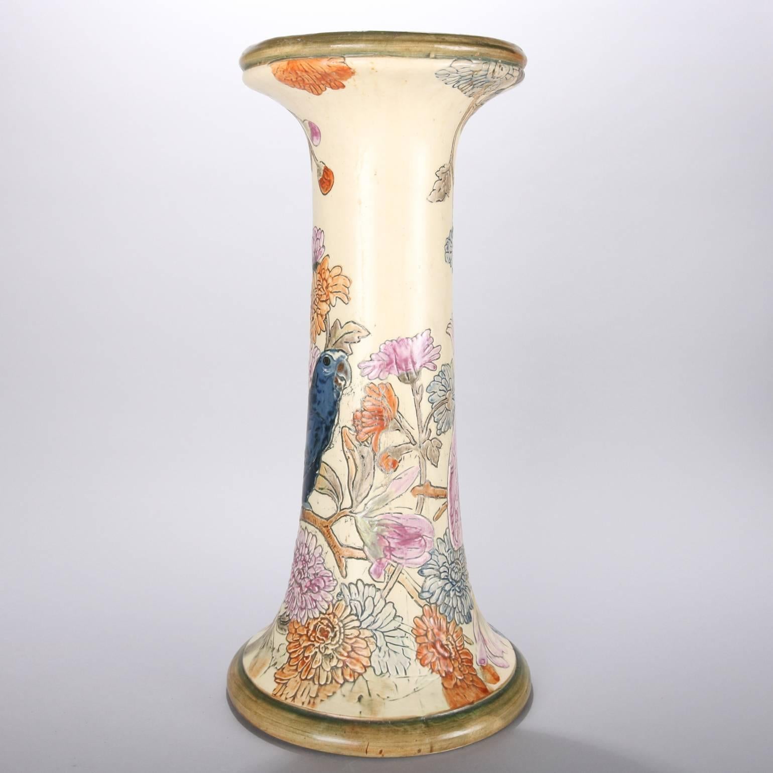 American Antique Gilt & Painted Weller Pottery Pedestal Bird & Floral Motif, 19th Century