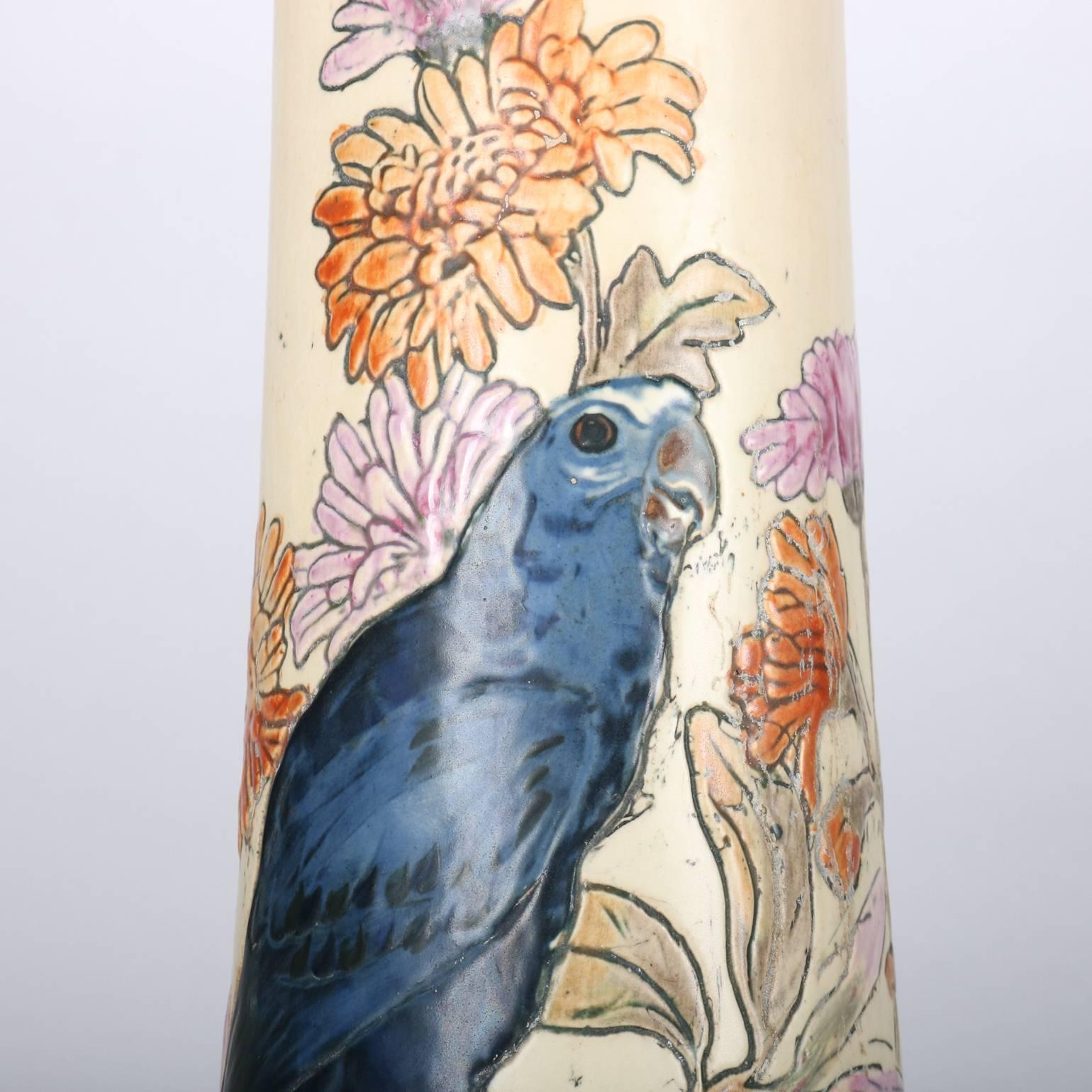 20th Century Antique Gilt & Painted Weller Pottery Pedestal Bird & Floral Motif, 19th Century