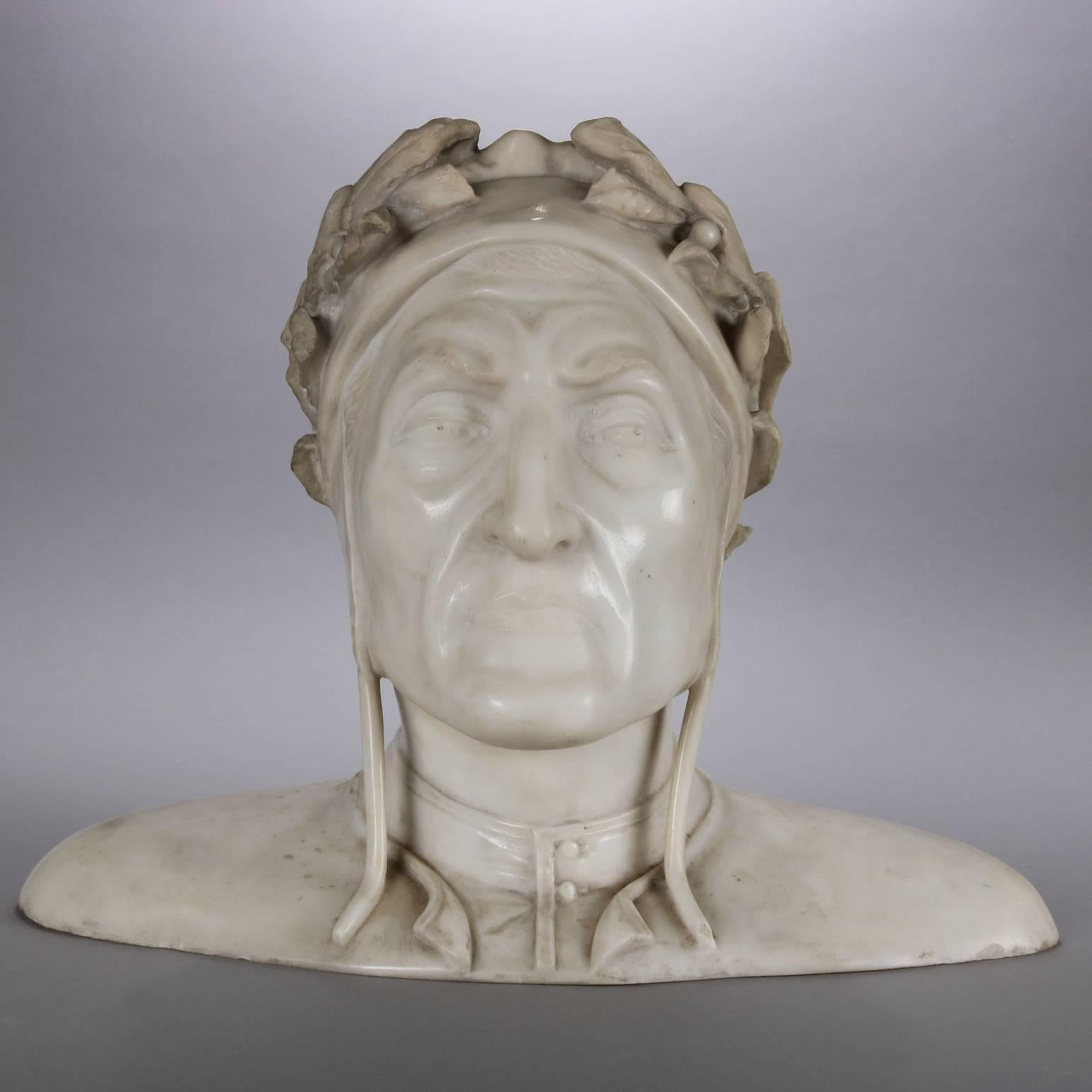 Antique and fine Italian hand-carved marble bust sculpture of Dante Alighieri, 19th century

Measures: 12.5" H x 16" W x 7.5" D

Biography:
Durante degli Alighieri (Italian: [du'rante de?? ali'gj??ri]), simply called Dante