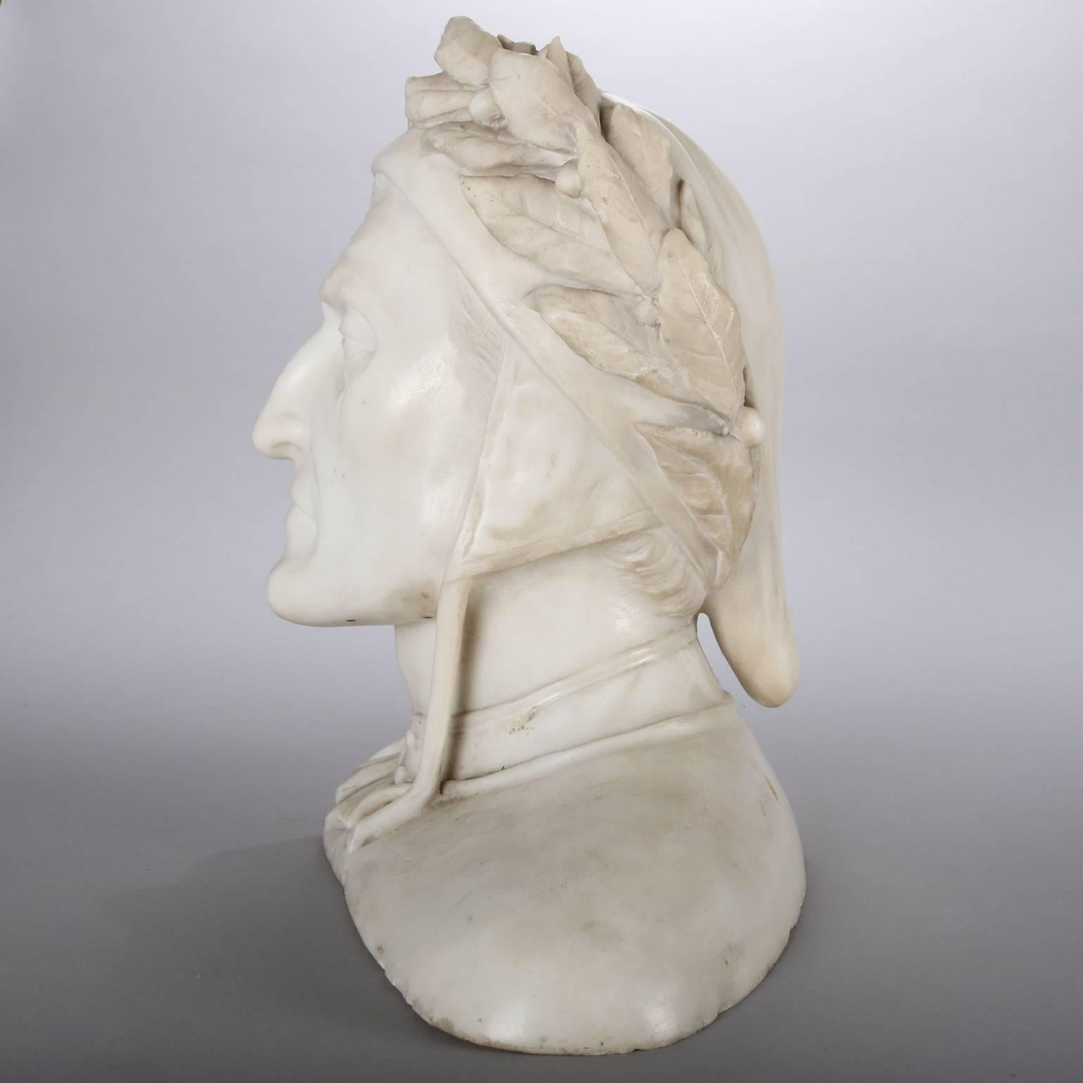 Antique Italian Hand-Carved Marble Sculpture Bust of Dante Alighieri In Good Condition In Big Flats, NY