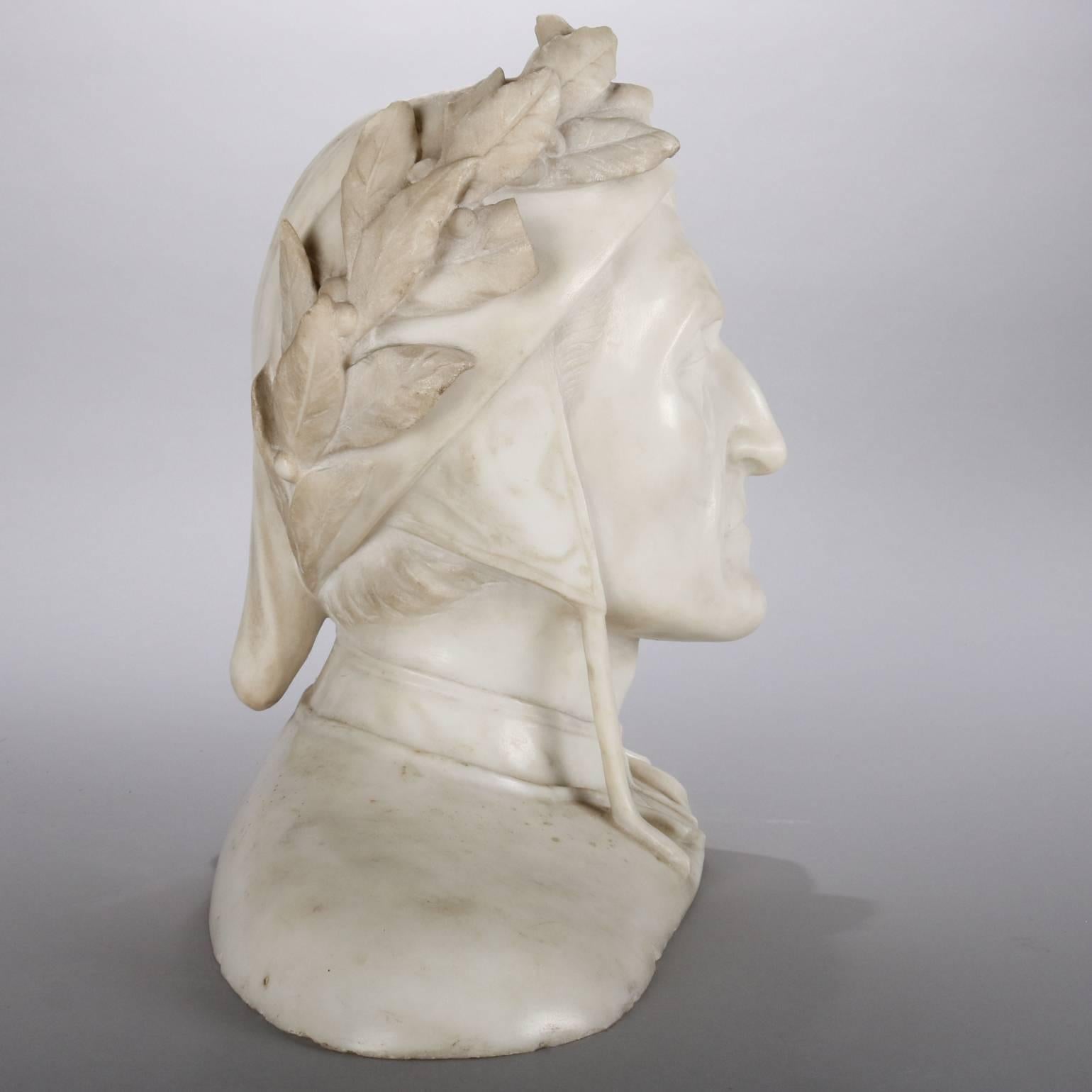 19th Century Antique Italian Hand-Carved Marble Sculpture Bust of Dante Alighieri