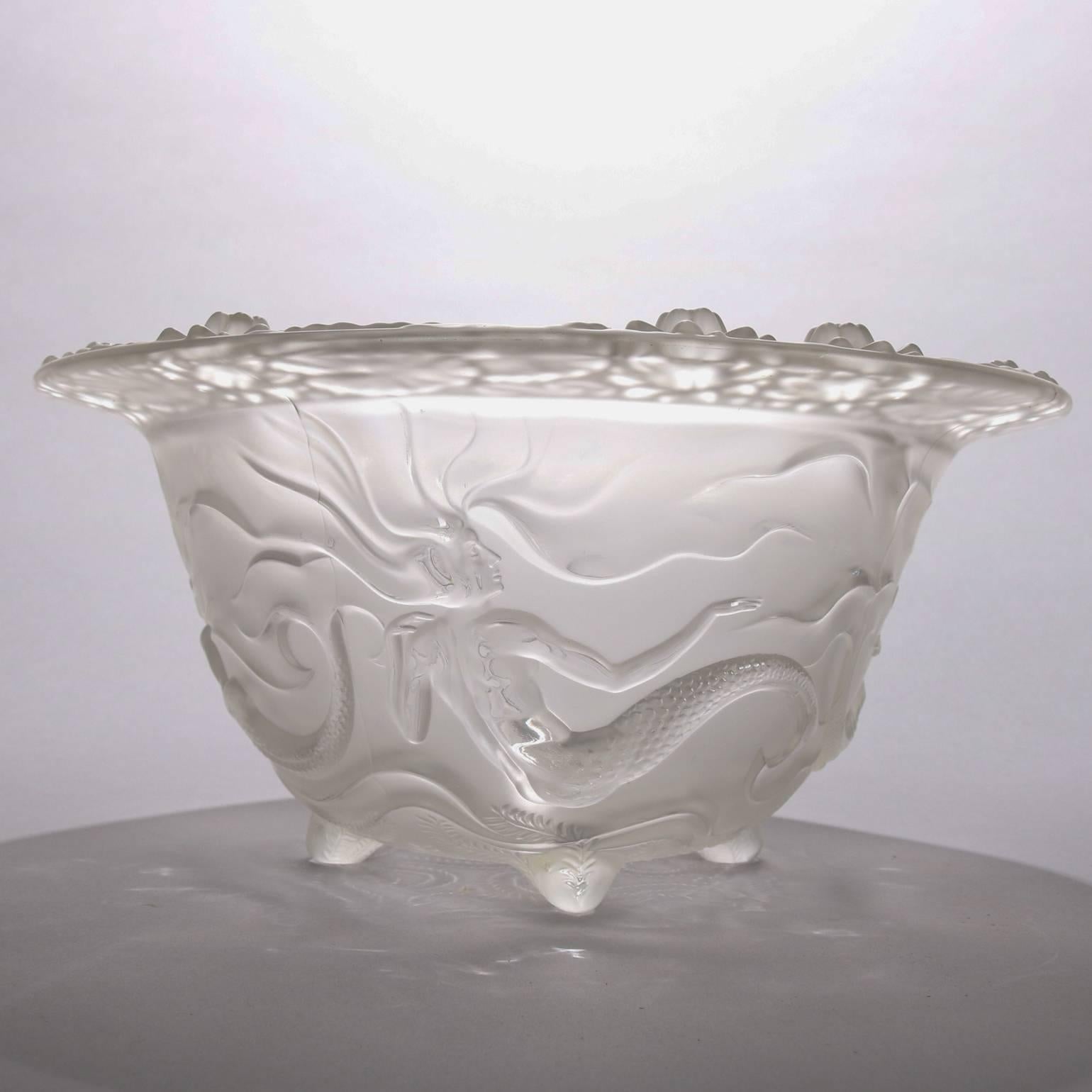 French Lalique School Art Nouveau Frosted Crystal Mermaid Footed Console Bowl