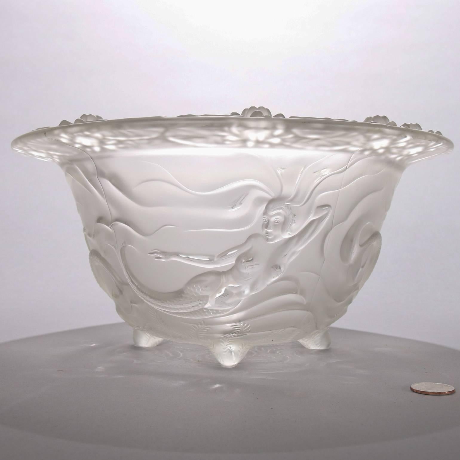 Lalique School Art Nouveau Frosted Crystal Mermaid Footed Console Bowl In Good Condition In Big Flats, NY