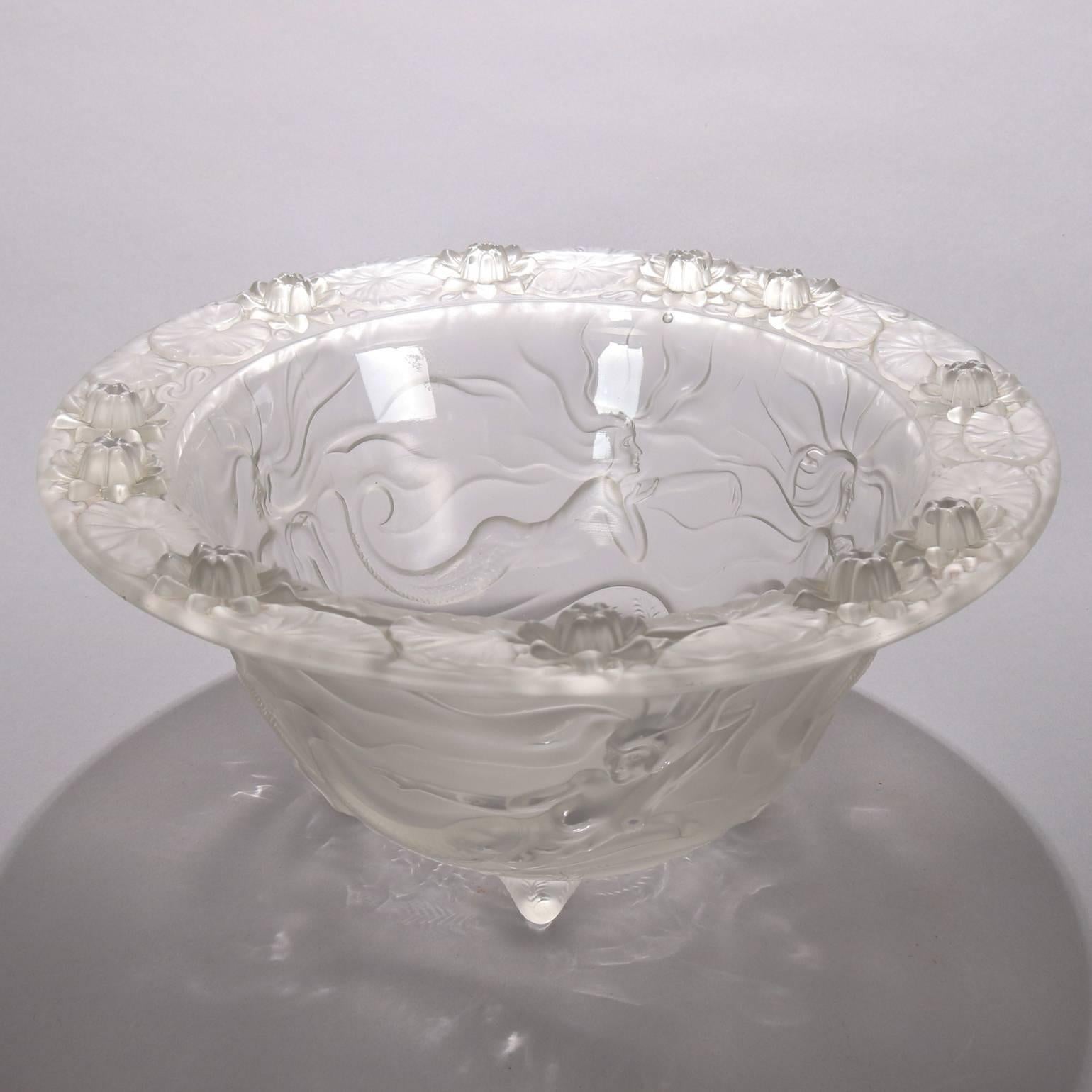 20th Century Lalique School Art Nouveau Frosted Crystal Mermaid Footed Console Bowl