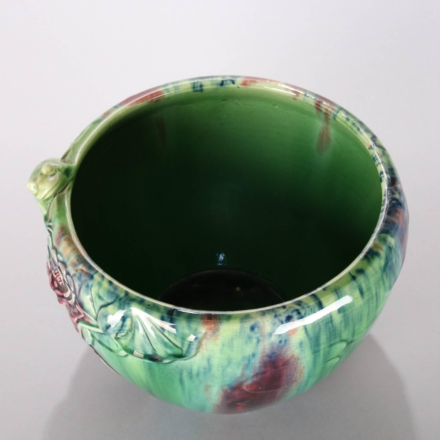 20th Century Drip Glaze Italian Majolica Art Pottery Frog Pond Jardiniere 1